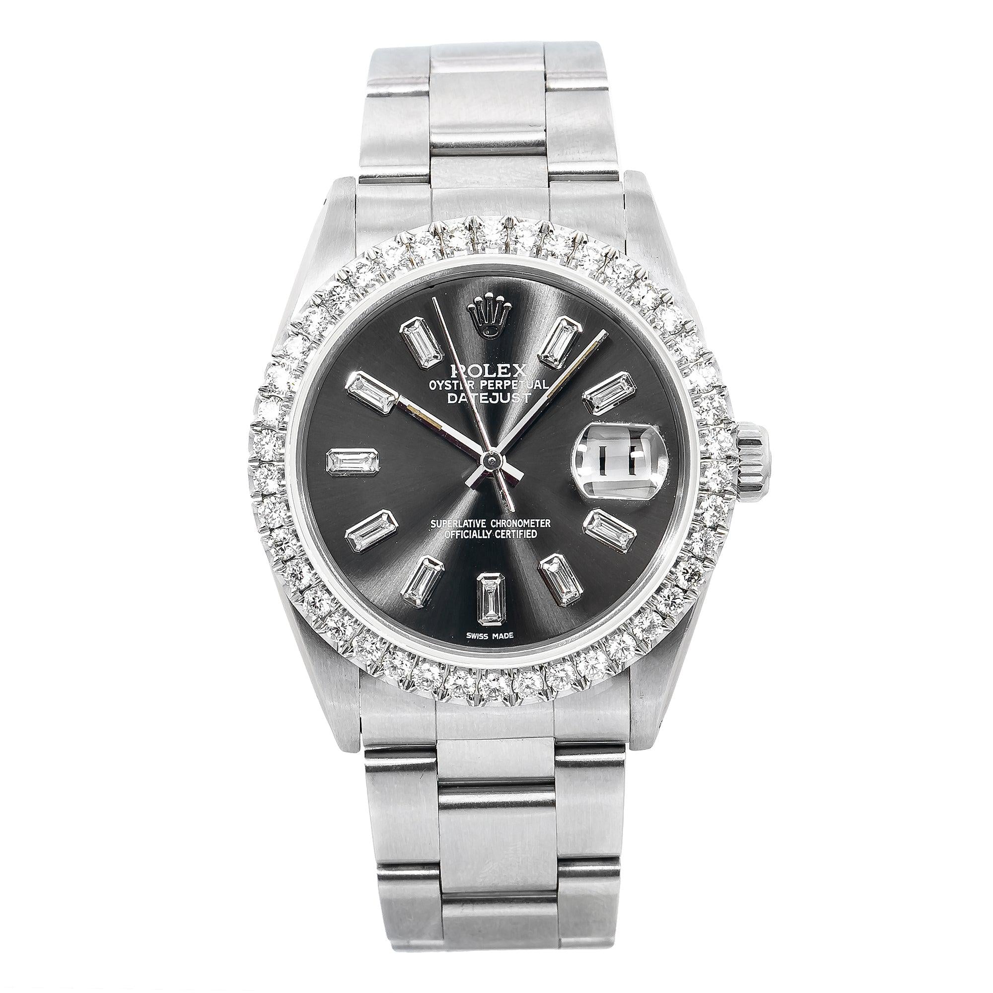 Rolex Datejust 36MM 16014 Slate Gray Baguette Diamond Dial Diamond Bezel Stainless Steel Oyster Bracelet