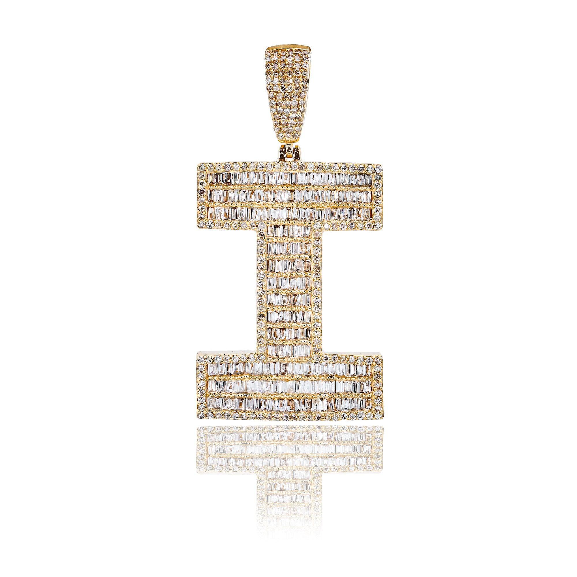 14K Yellow Gold Unisex Letter I Pendant with 1.73 CT Baguette Diamond