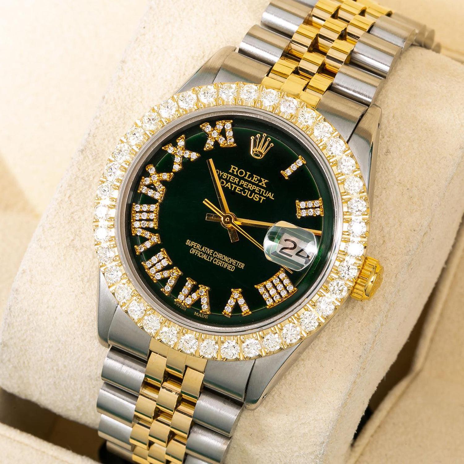 Rolex Datejust 36MM 1601 Black Roman Diamond Dial Diamond Bezel Two Tone Yellow Gold Jubilee Bracelet 3.75ct