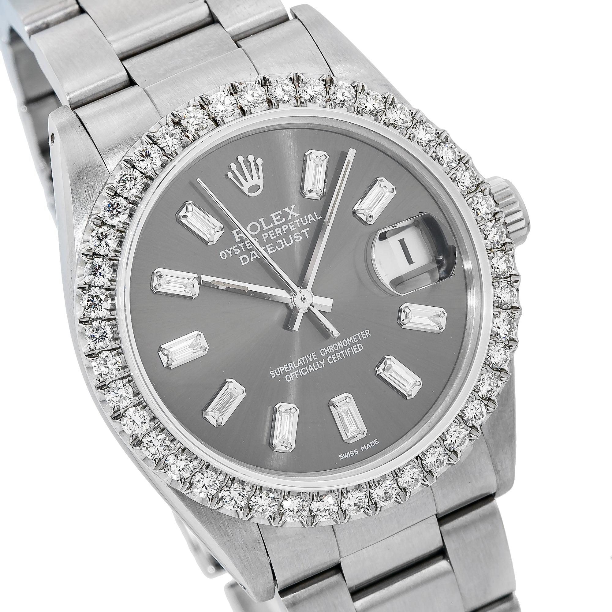 Rolex Datejust 36MM 16014 Slate Gray Baguette Diamond Dial Diamond Bezel Stainless Steel Oyster Bracelet
