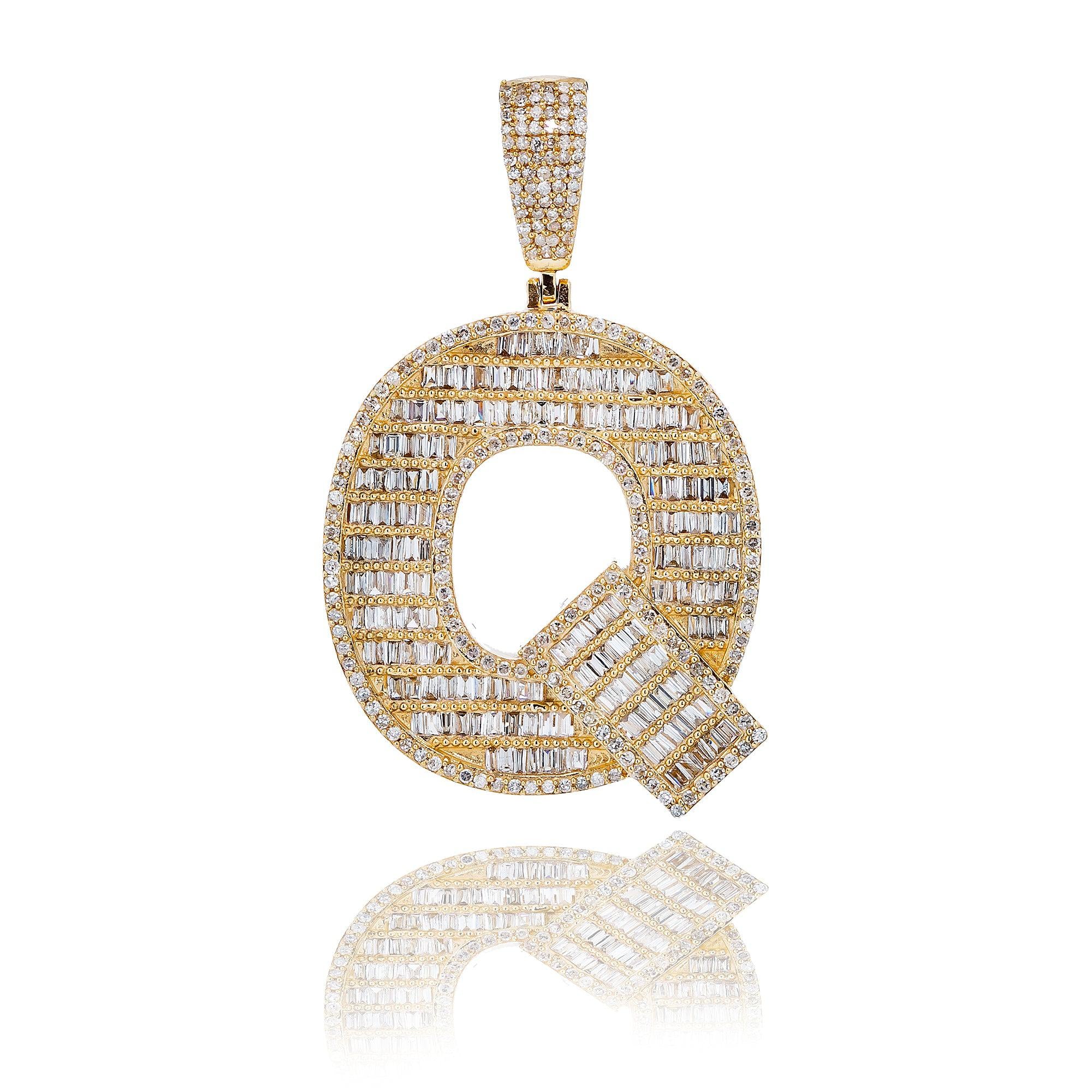 14K Yellow Gold Unisex Letter Q Pendant with 1.85 CT Bagiueete Diamond