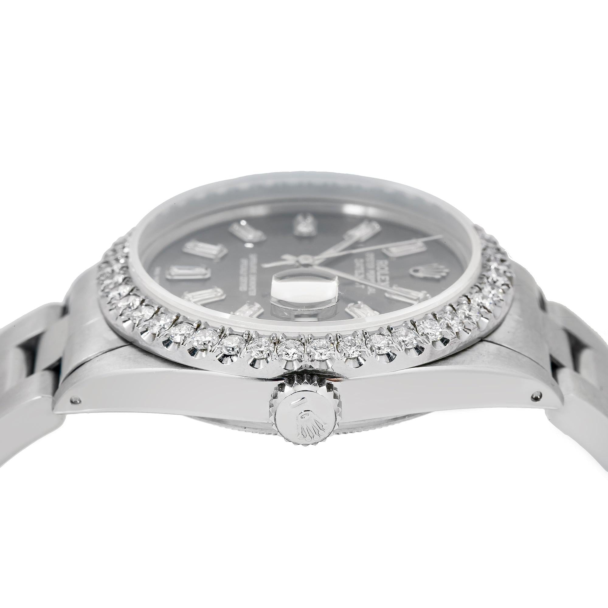 Rolex Datejust 36MM 16014 Slate Gray Baguette Diamond Dial Diamond Bezel Stainless Steel Oyster Bracelet
