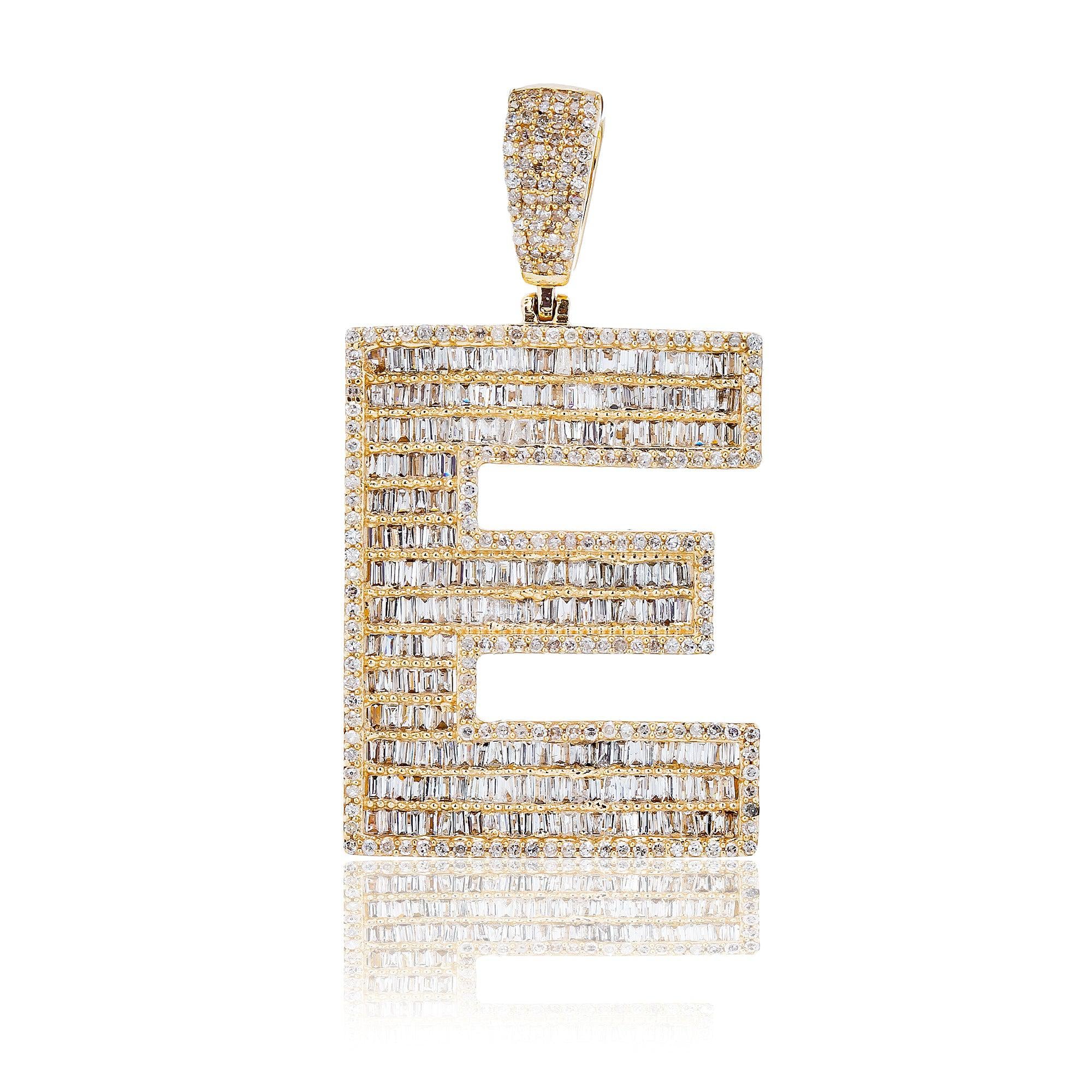 14K Yellow Gold Unisex Letter E Baguette Pendant with 2.11 CT Diamond