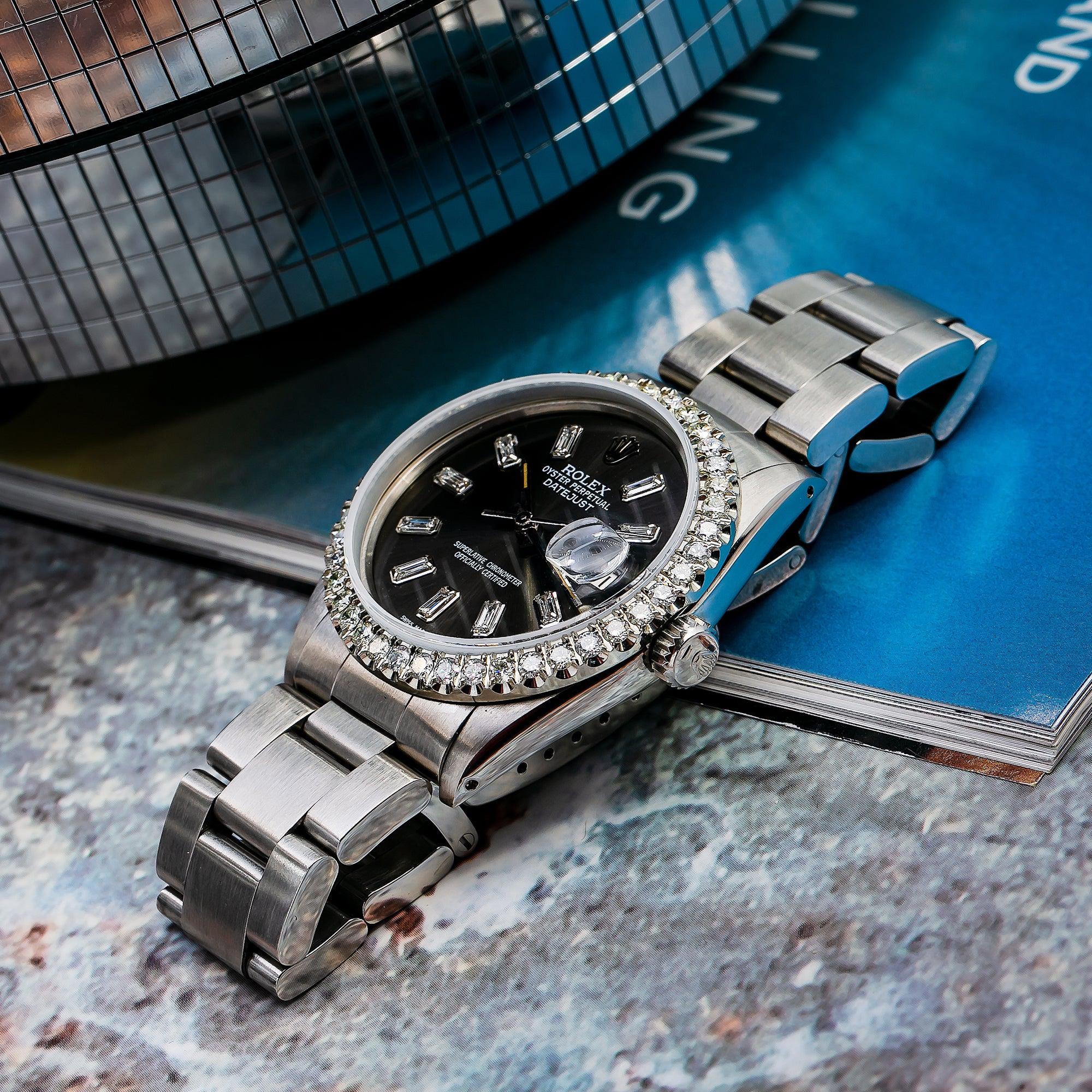 Rolex Datejust 36MM 16014 Gray Baguette Diamond Dial Diamond Bezel Stainless Steel Oyster Bracelet