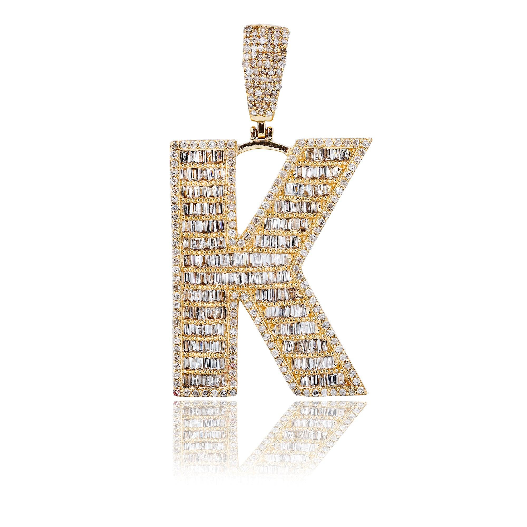 14K Yellow Gold Unisex Letter K Pendant with 1.68 CT Baguette Diamond