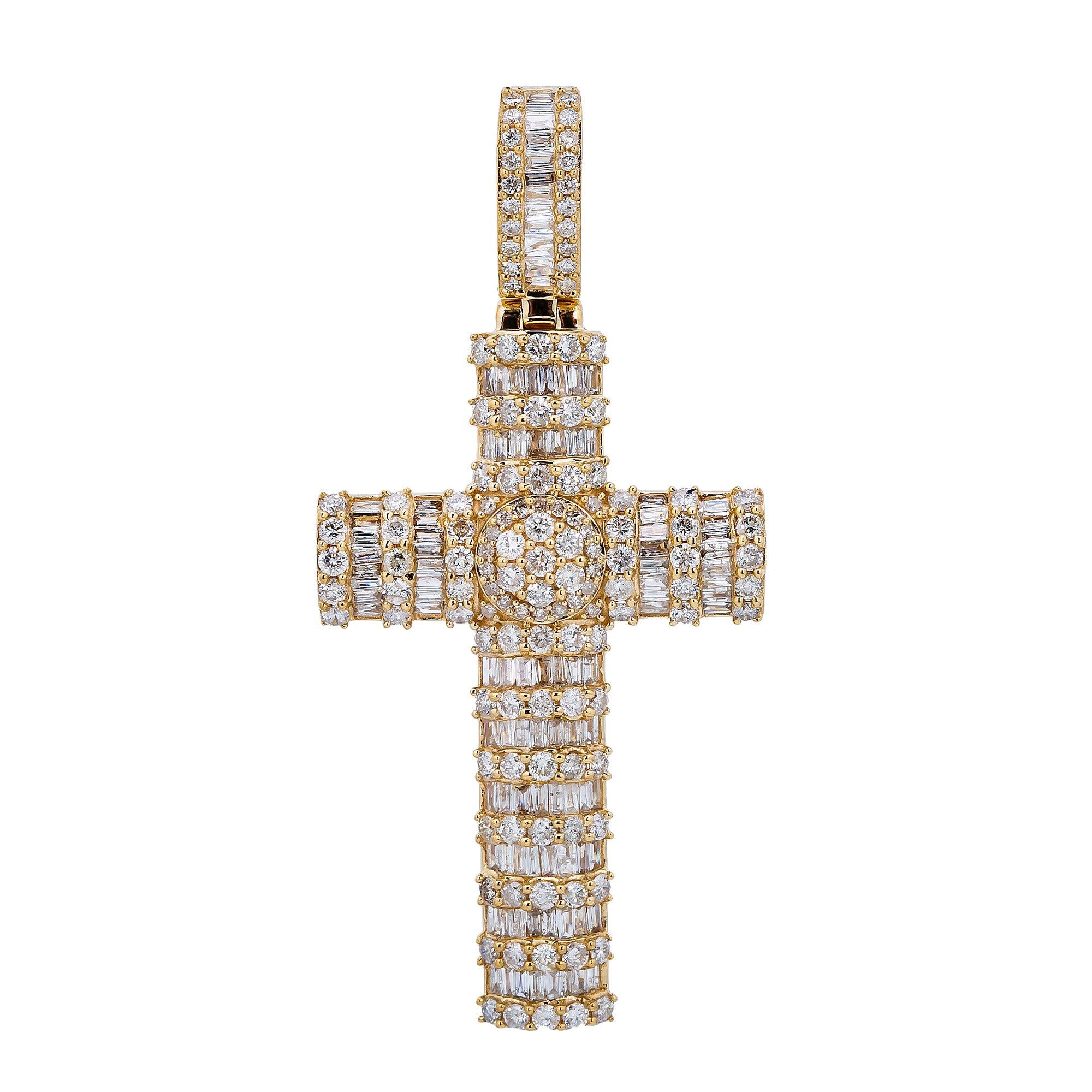 14K Yellow Gold Unisex Cross Pendant with 2.93 CT Baguette And Round Diamond