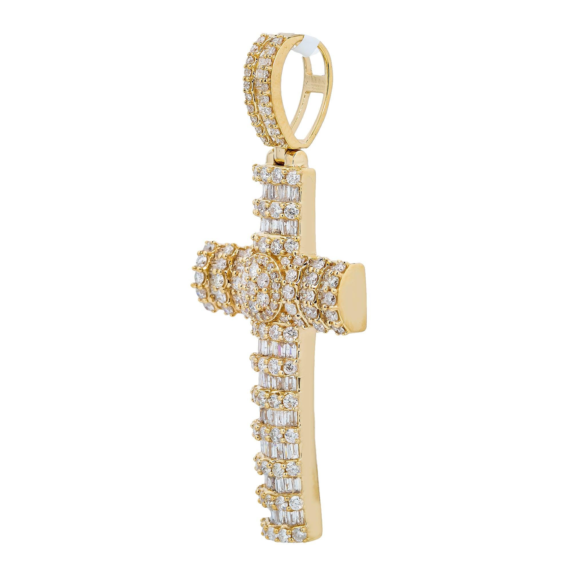 14K Yellow Gold Unisex Cross Pendant with 2.93 CT Baguette And Round Diamond