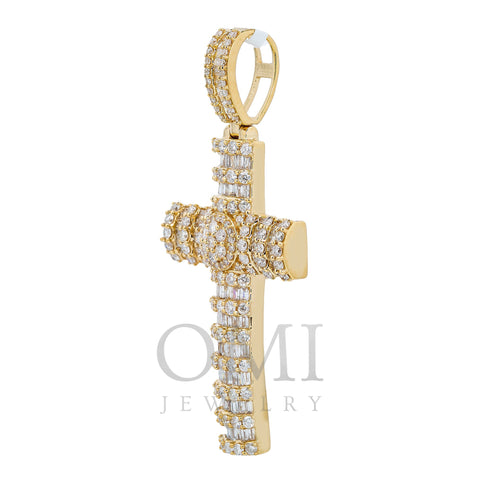 14K Yellow Gold Unisex Cross Pendant with 2.93 CT Baguette And Round Diamond