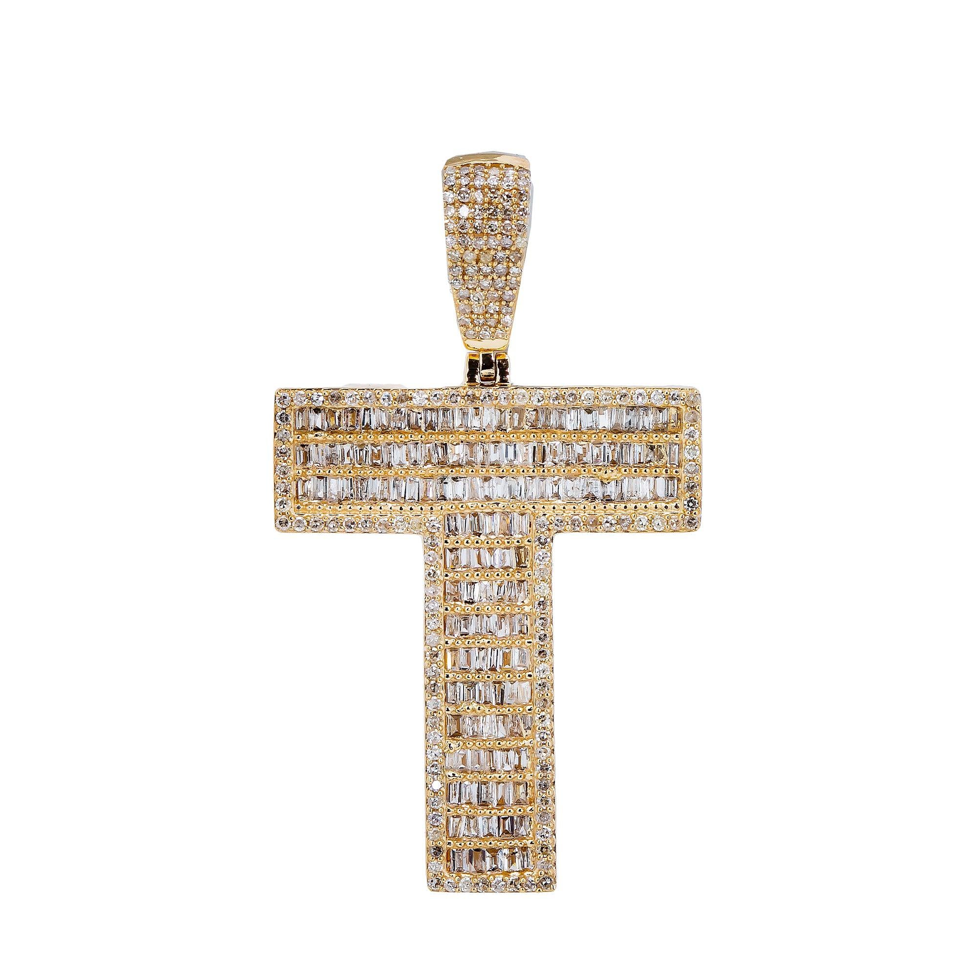 14K Yellow Gold Letter T Pendant CT Baguette Diamond OMI