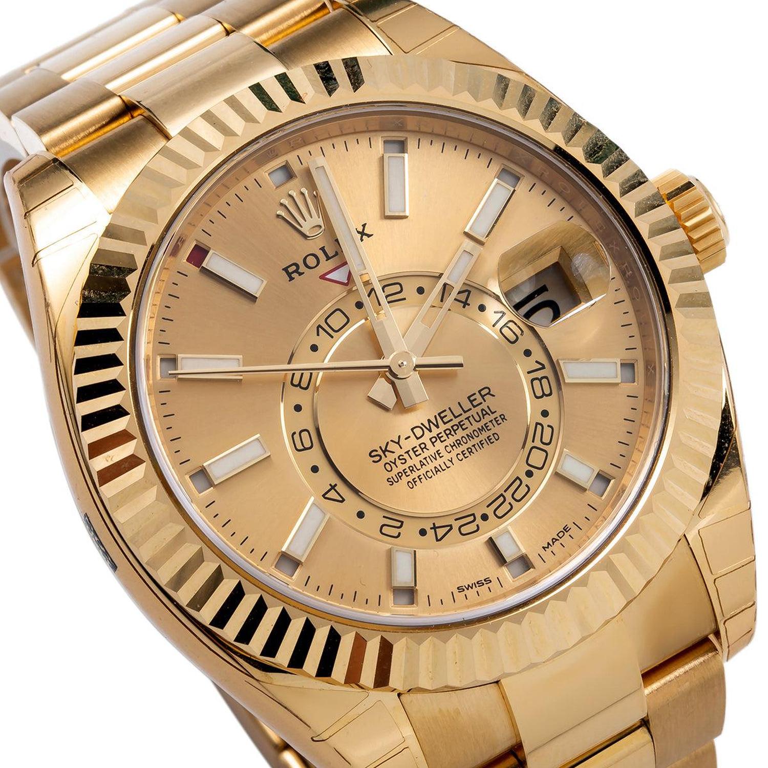 Rolex Sky-Dweller 42MM 326938 Champagne Dial Fluted Bezel 18K Yellow Gold Oyster Bracelet