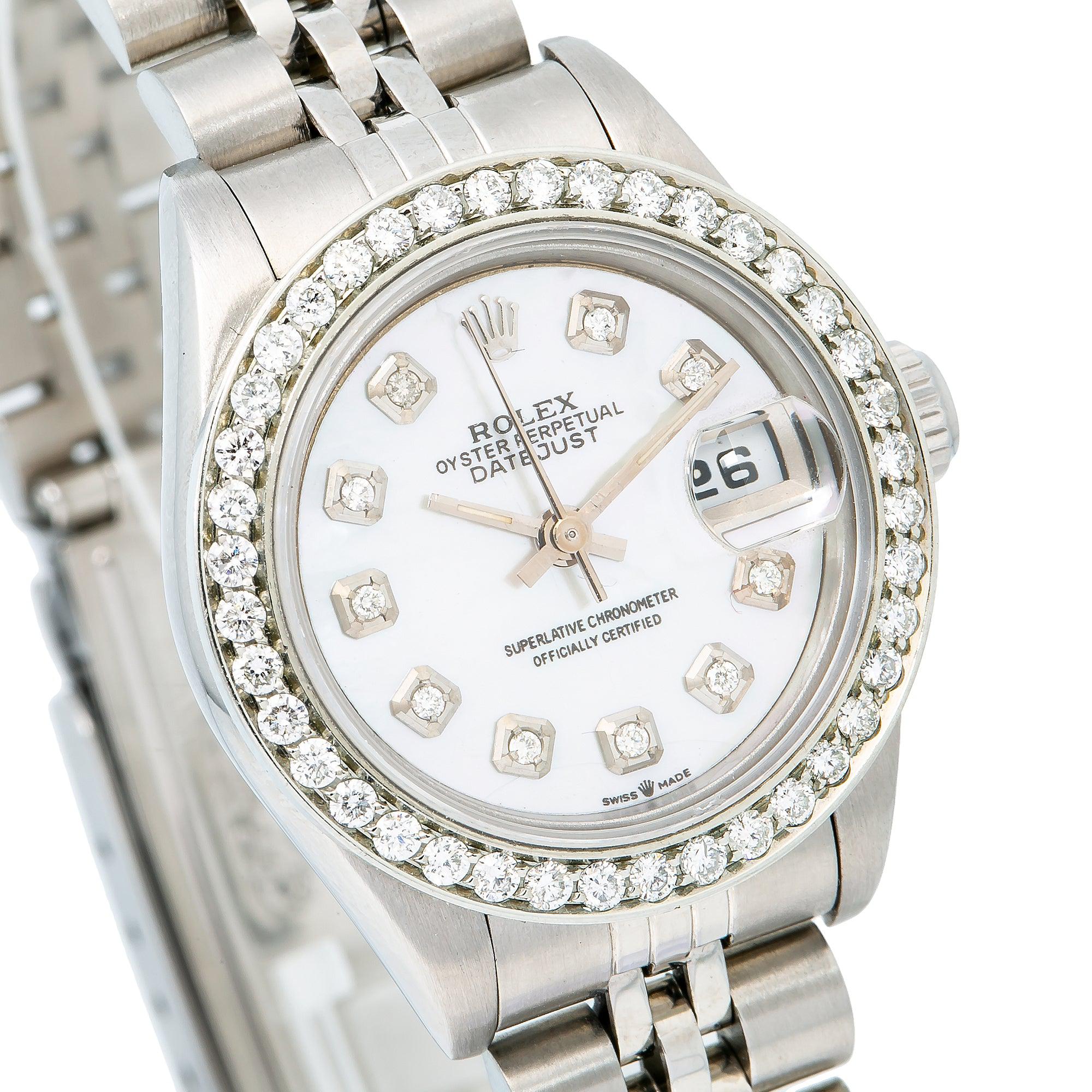 Rolex Datejust 26MM 69174 White Mother of Pearl Diamond Dial Diamond Bezel Stainless Steel Jubilee Bracelet