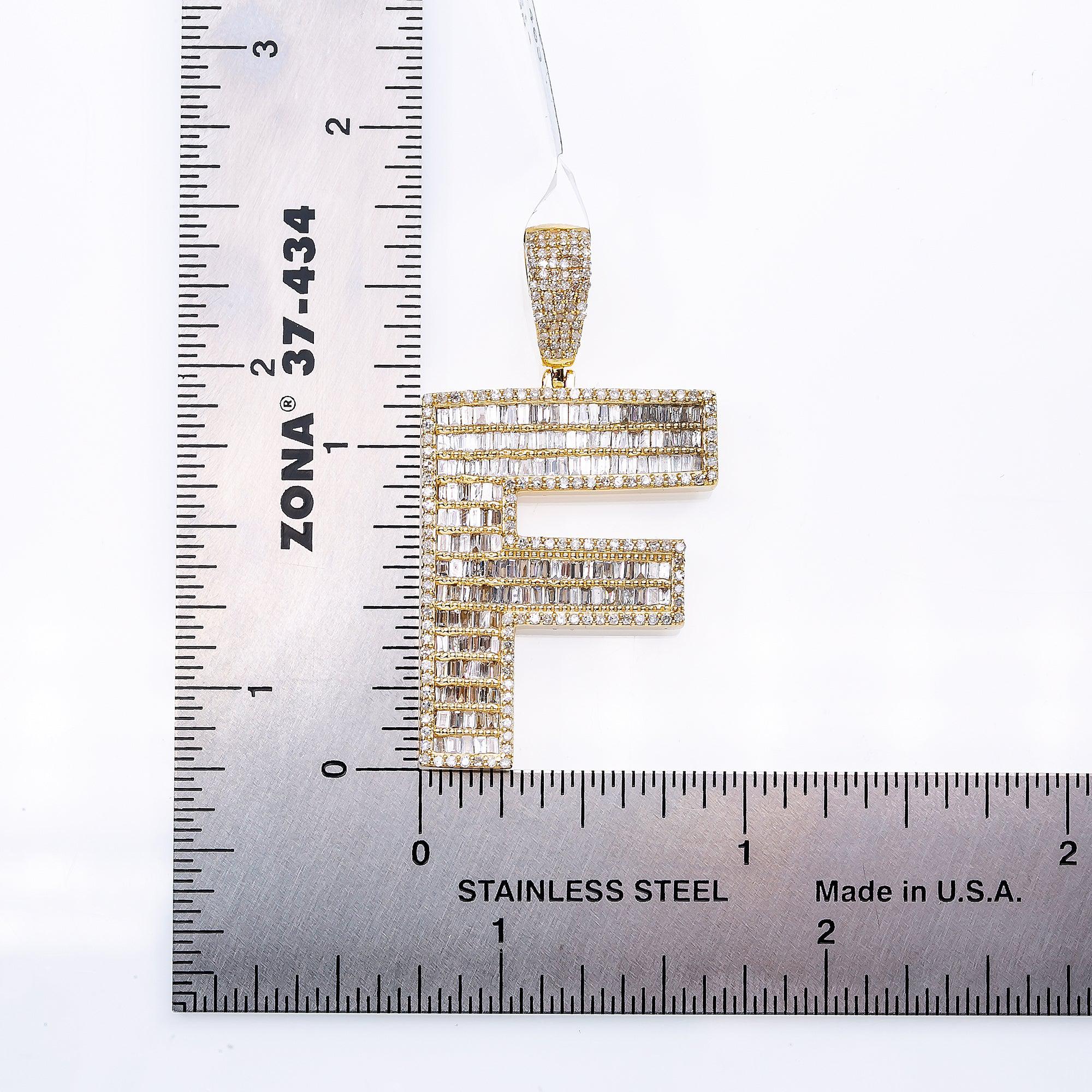 14K Yellow Gold Unisex Letter F Pendant with 1.63 CT Baguette Diamond