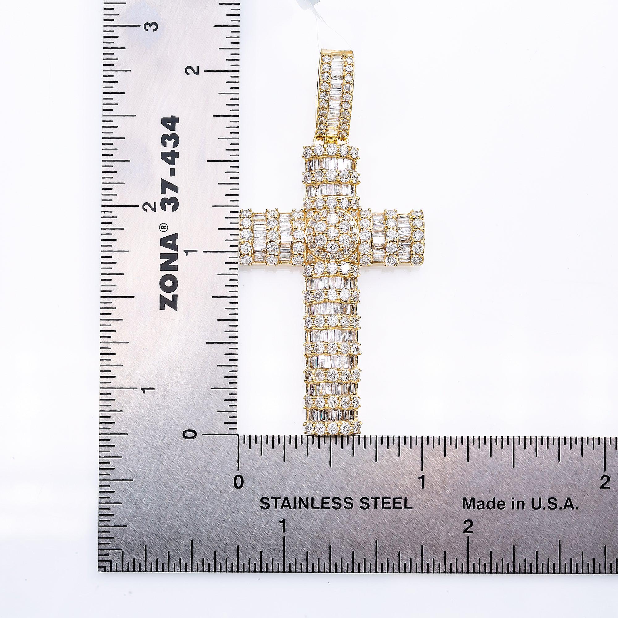 14K Yellow Gold Unisex Cross Pendant with 2.93 CT Baguette And Round Diamond