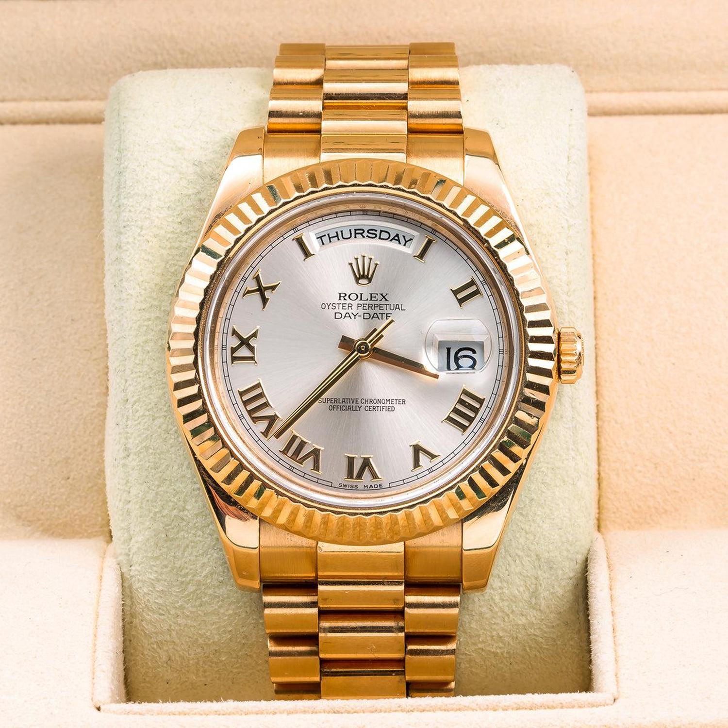 Rolex Day-Date II 41MM 218238 Silver Roman Dial Fluted Bezel 18K Yellow Gold President Bracelet