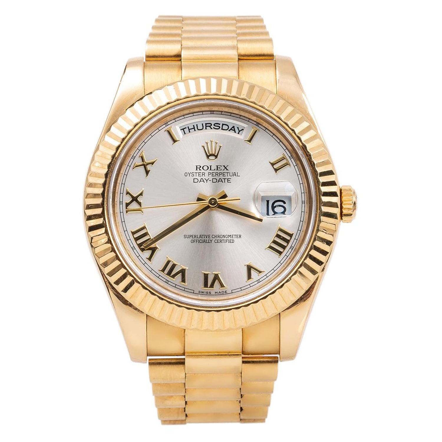 Rolex Day-Date II 41MM 218238 Silver Roman Dial Yellow Gold Fluted Bezel 18K Yellow Gold President Bracelet