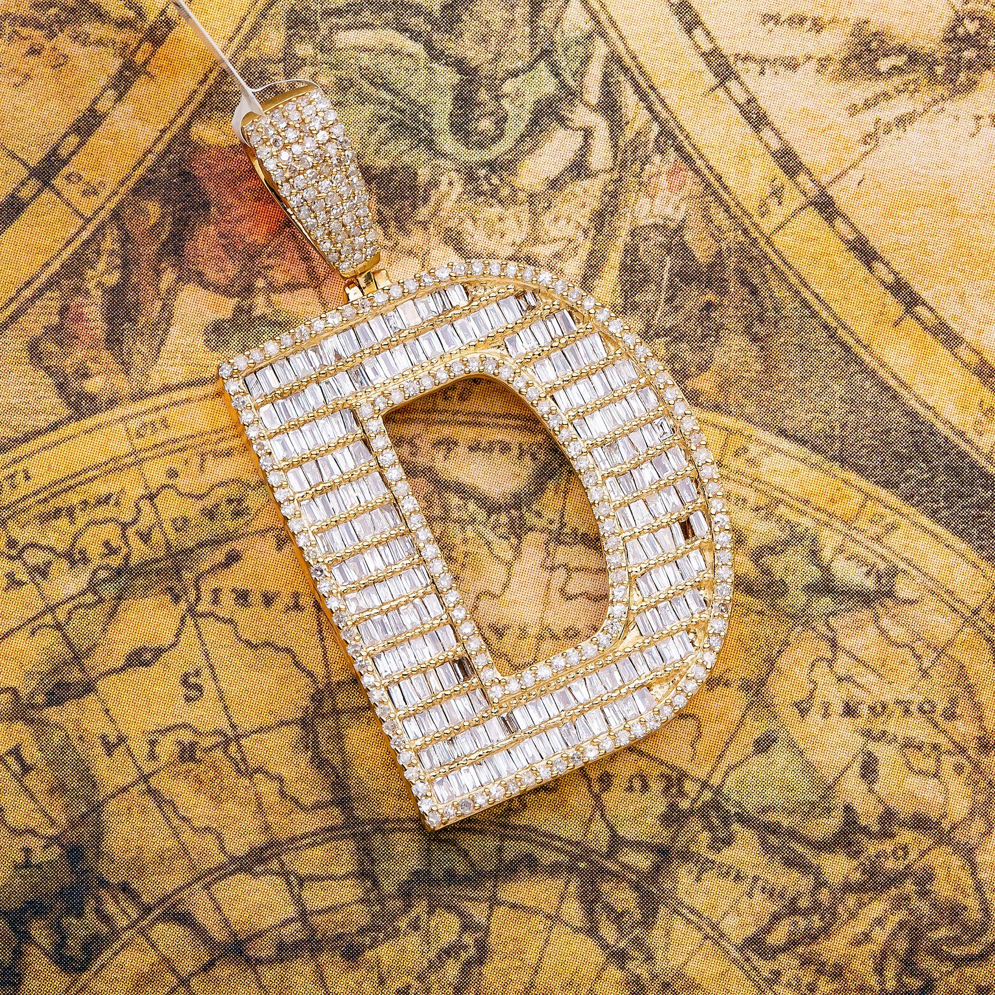 14K Yellow Gold Unisex Letter D Pendant with 1.83 CT Diamond