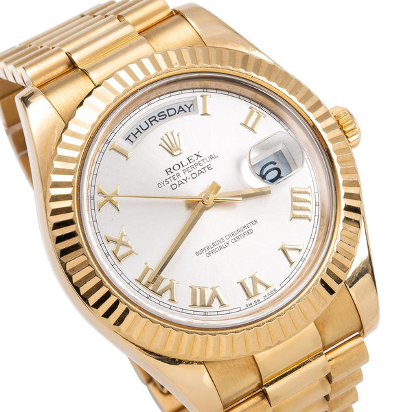 18K Yellow Gold Rolex Day Date II President 218238 41mm Silver