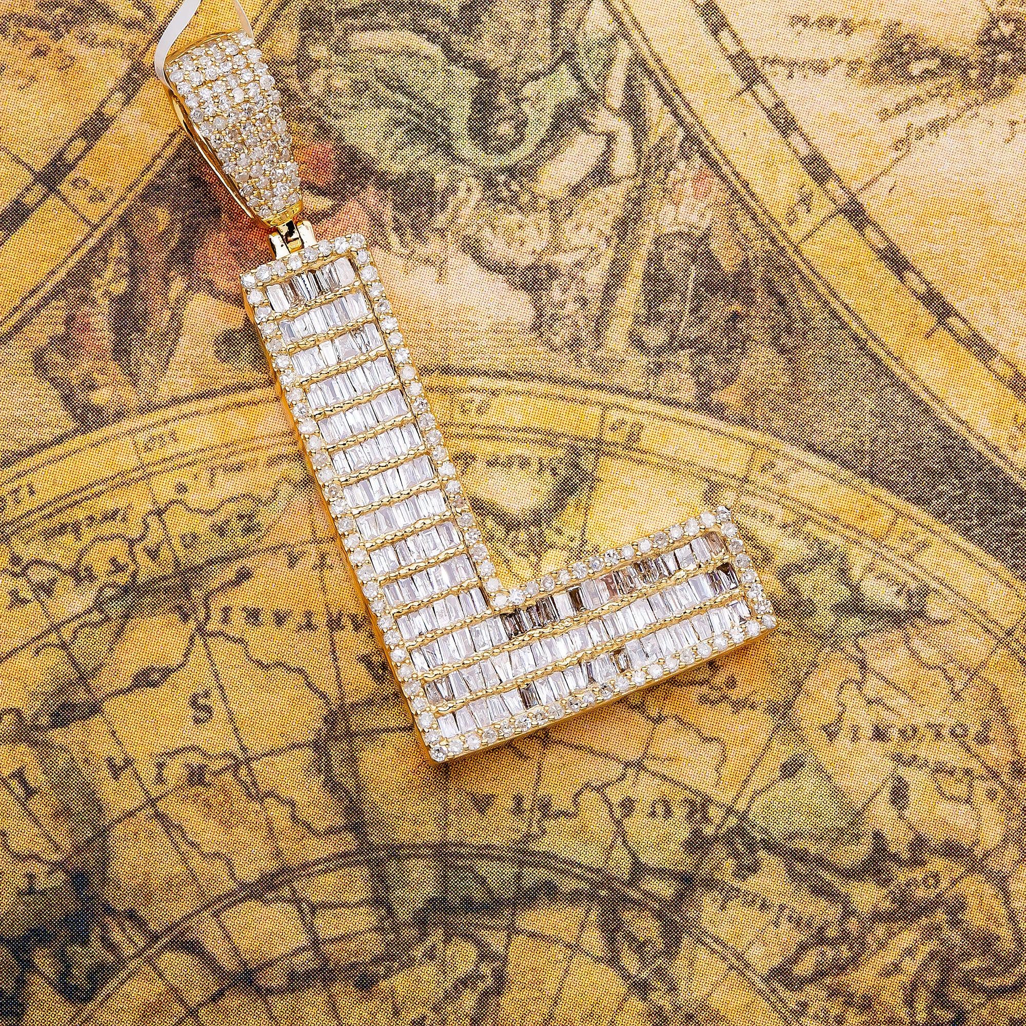 14K Yellow Gold Unisex Letter L Pendant with 1.43 CT Diamond