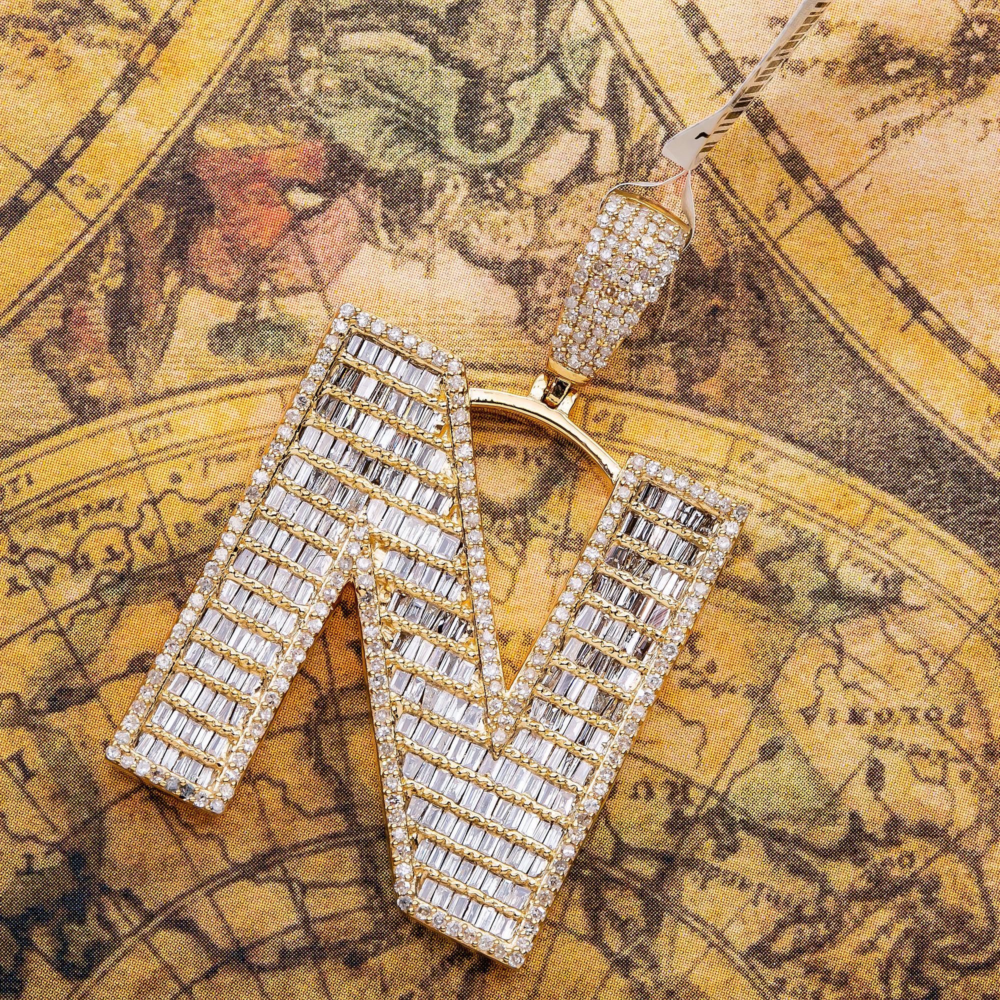 14K Yellow Gold Unisex Letter N Pendant with 2.18 CT Diamond