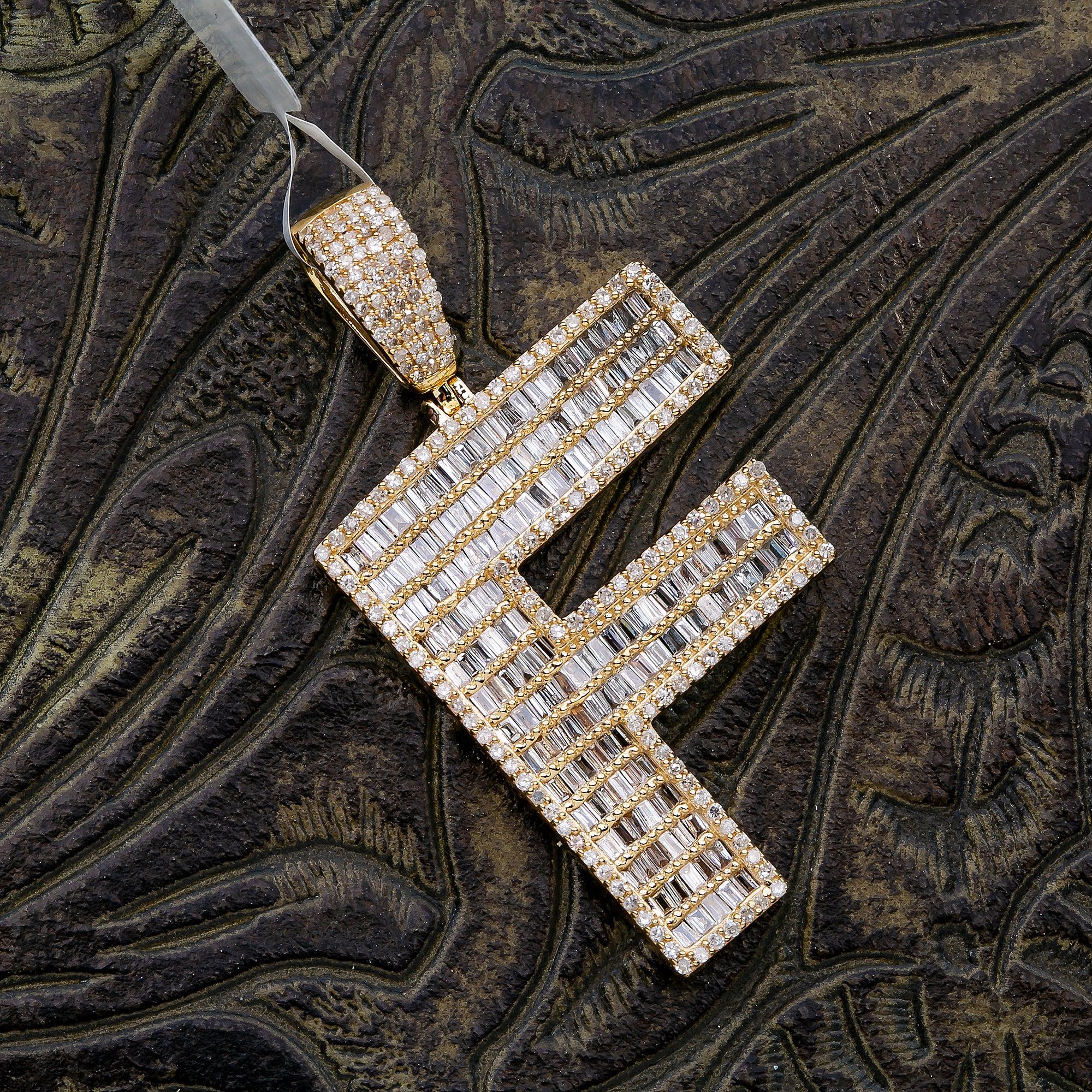 14K Yellow Gold Unisex Letter F Pendant with 1.63 CT Baguette Diamond