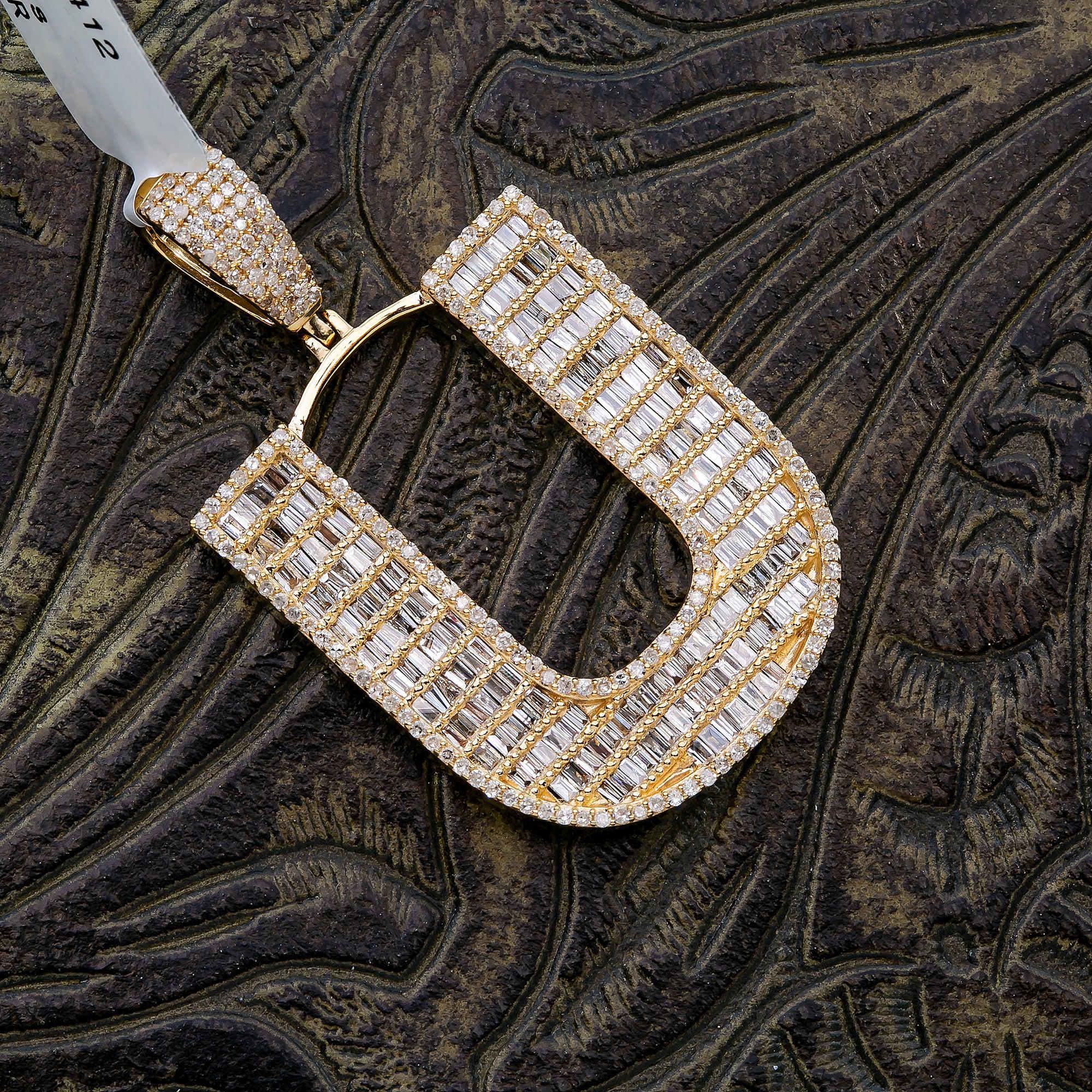 14K Yellow Gold Unisex Letter U Pendant with 1.87 CT Baguette Diamond