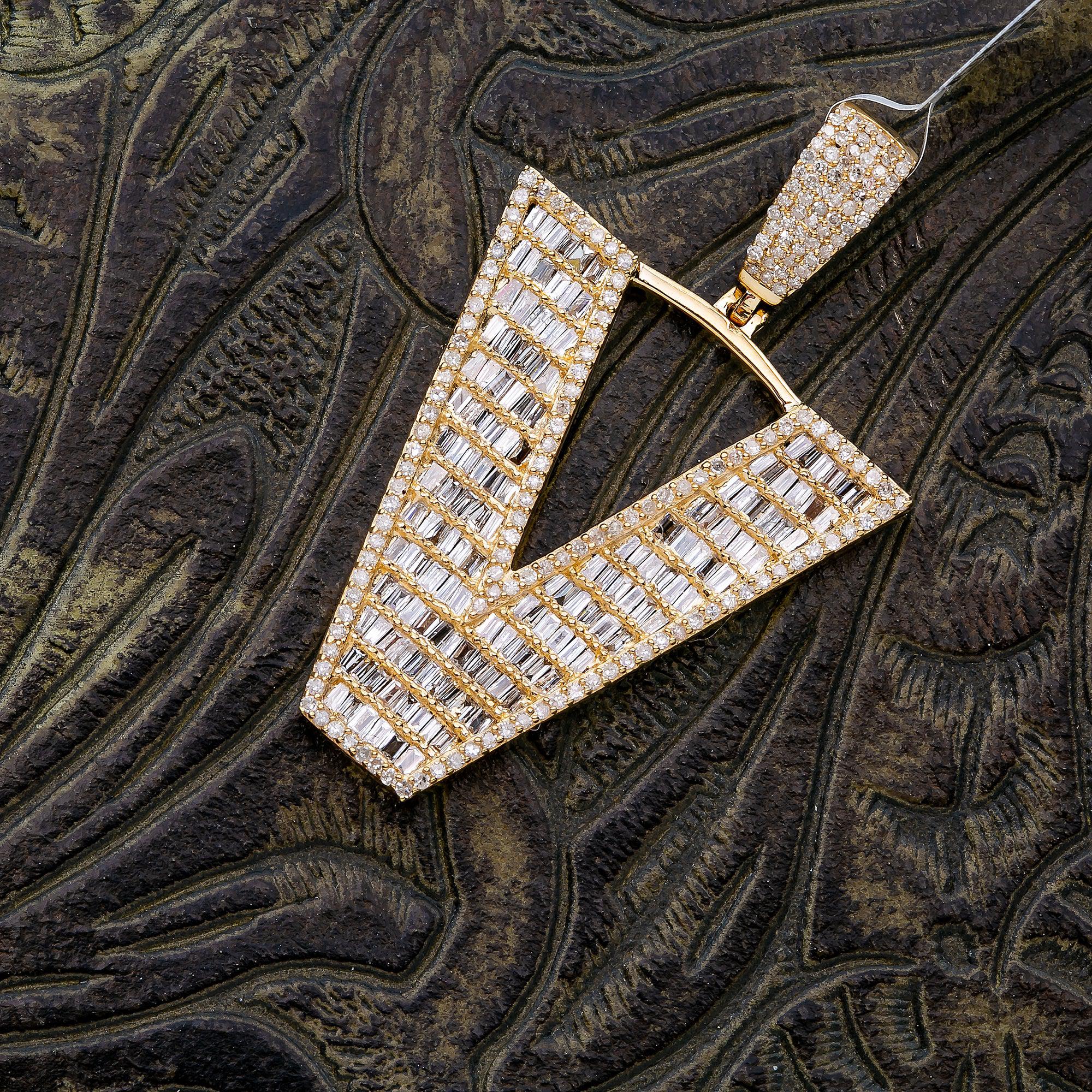 14K Yellow Gold Unisex Letter V Pendant with 1.52 CT Diamond