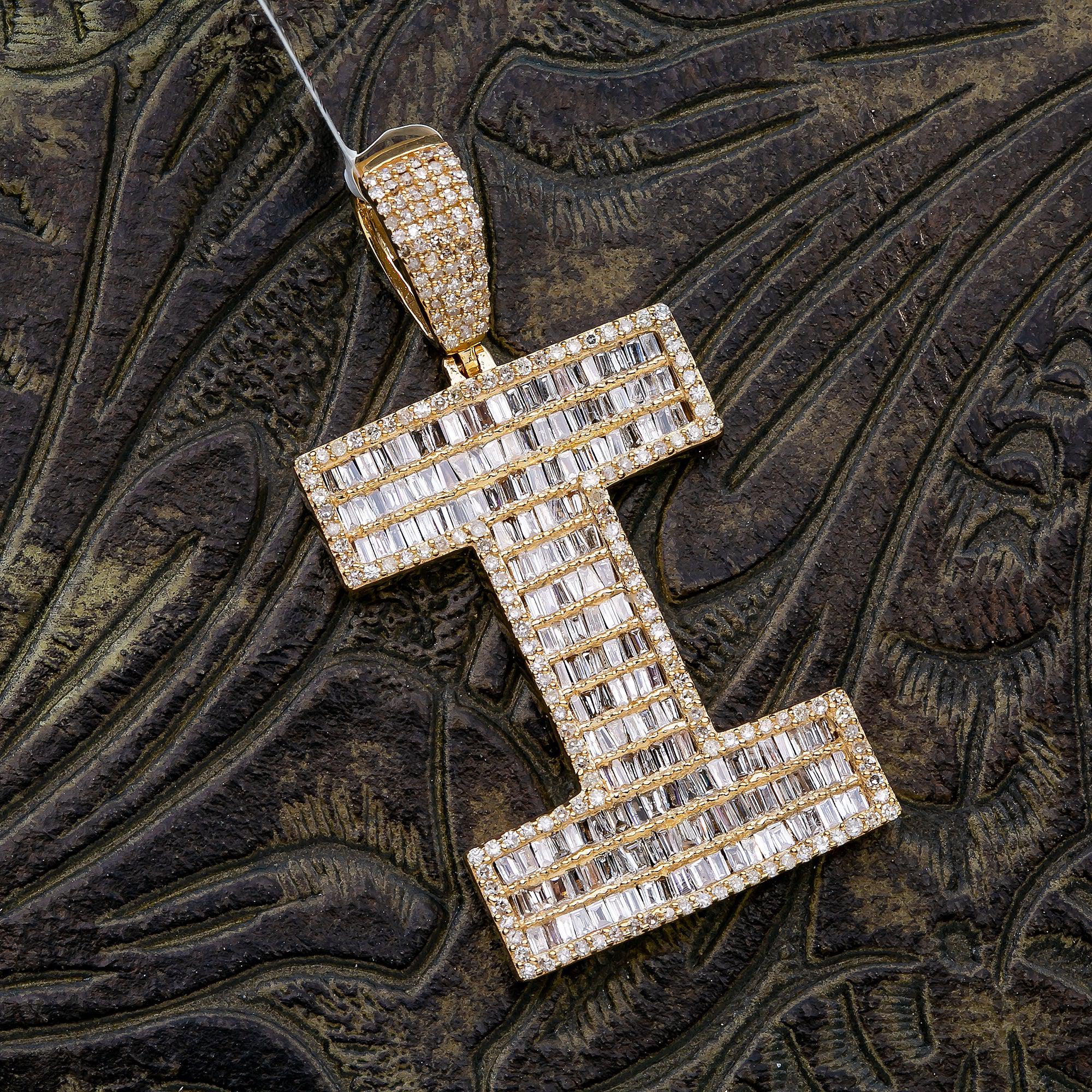 14K Yellow Gold Unisex Letter I Pendant with 1.73 CT Baguette Diamond