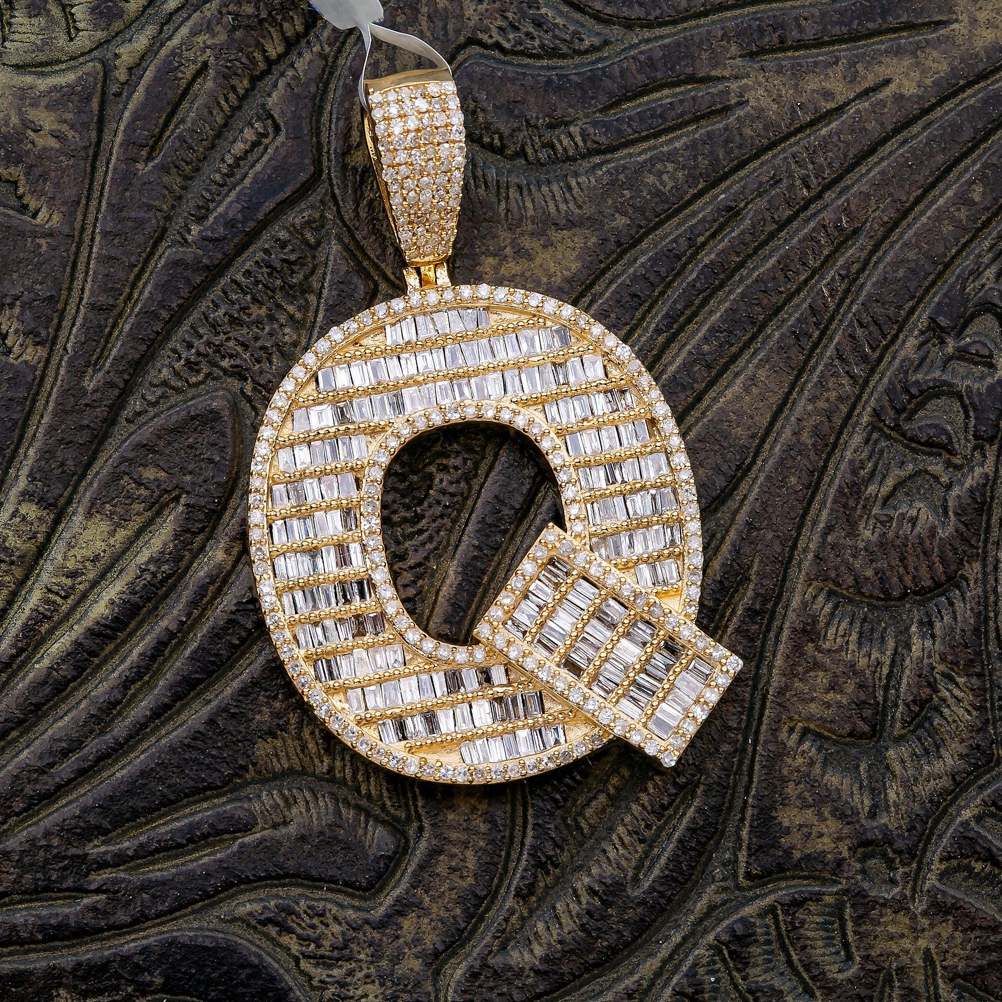 14K Yellow Gold Unisex Letter Q Pendant with 1.85 CT Bagiueete Diamond