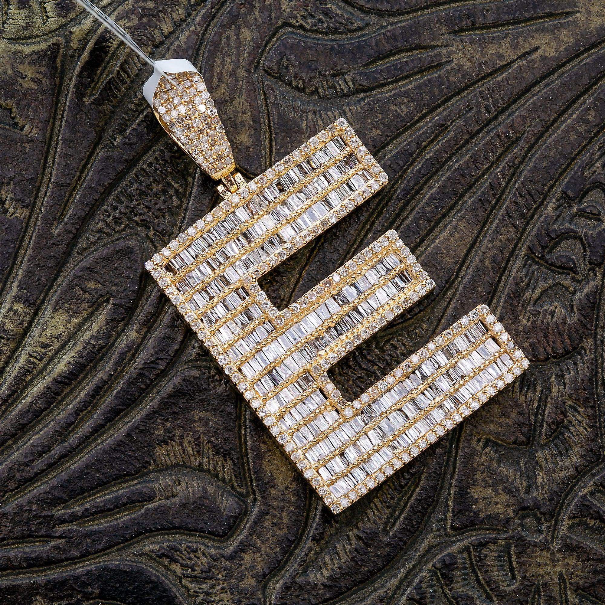 14K Yellow Gold Unisex Letter E Baguette Pendant with 2.11 CT Diamond