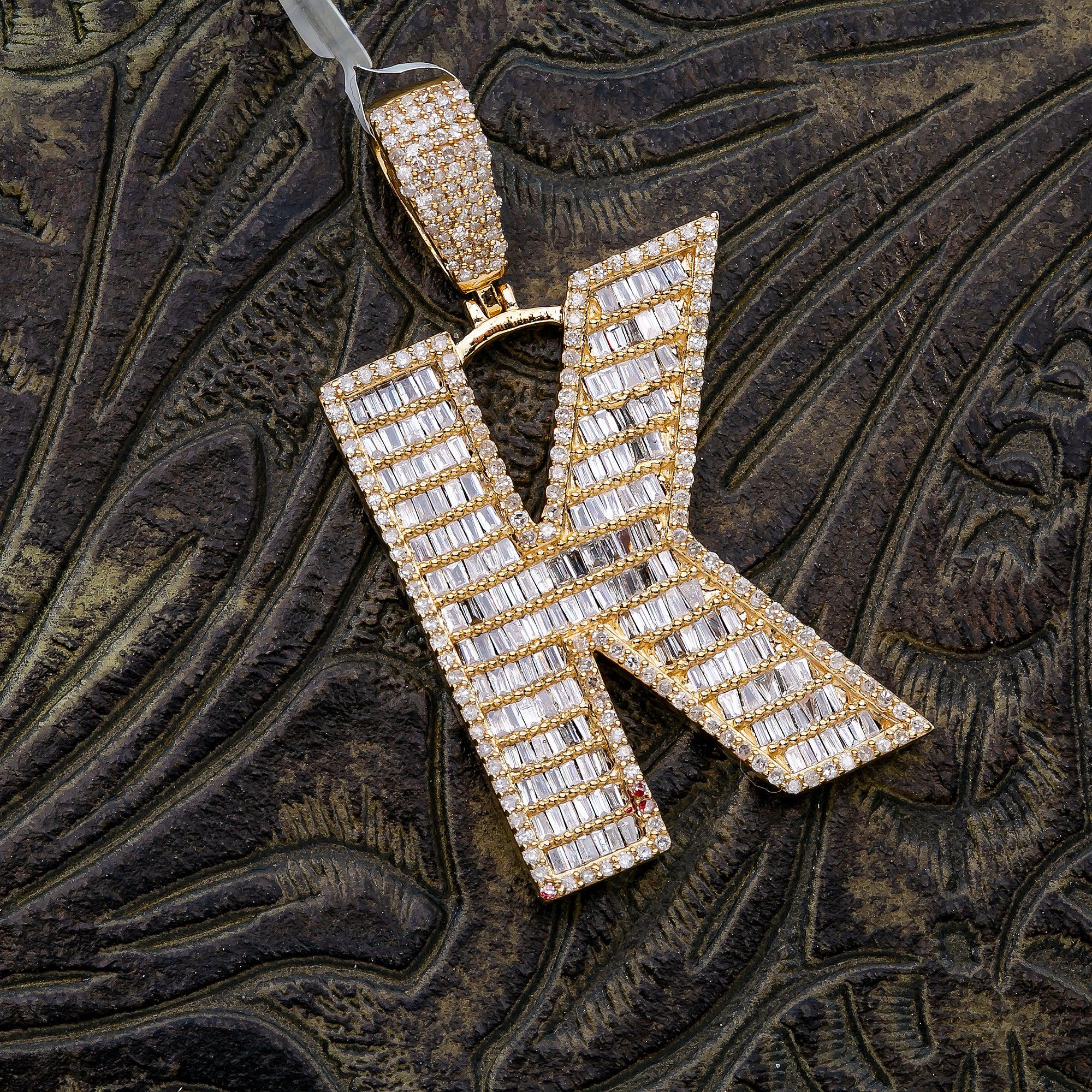 14K Yellow Gold Unisex Letter K Pendant with 1.68 CT Baguette Diamond