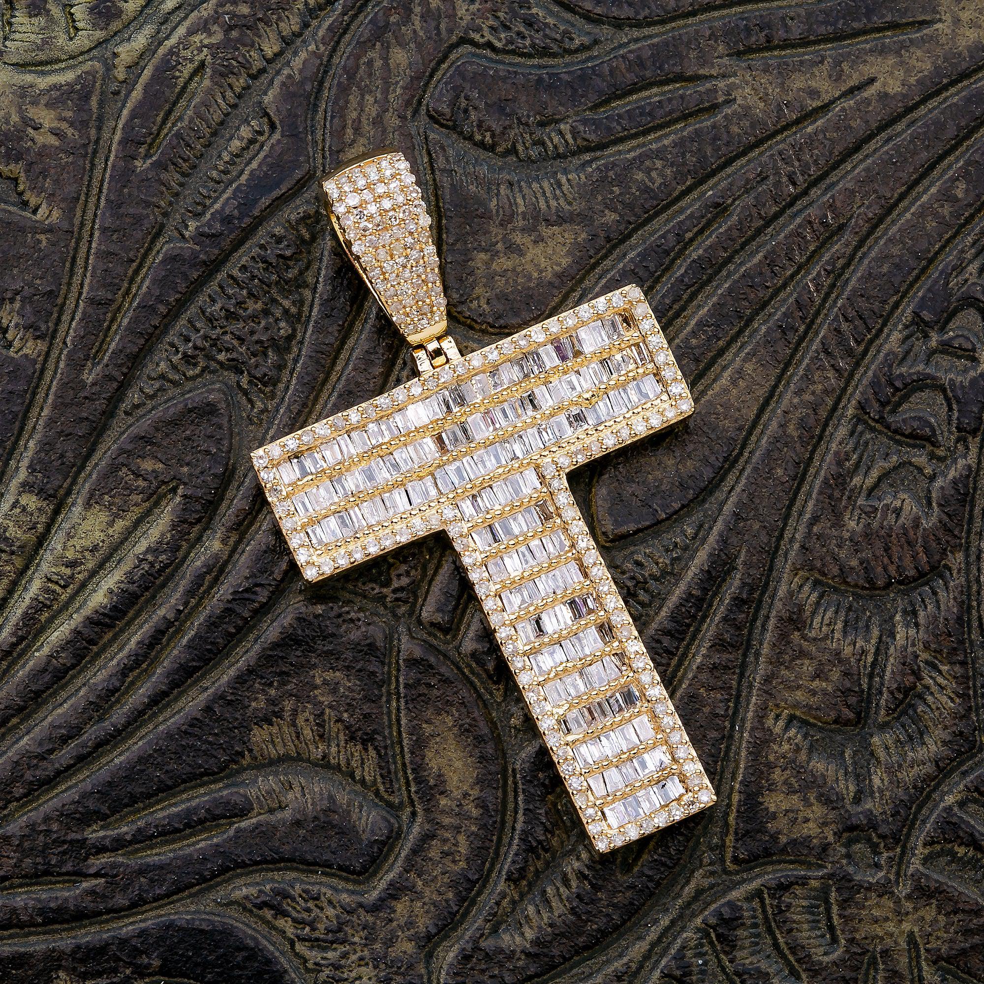 14K Yellow Gold Letter T Pendant 1.36 CT Baguette Diamond