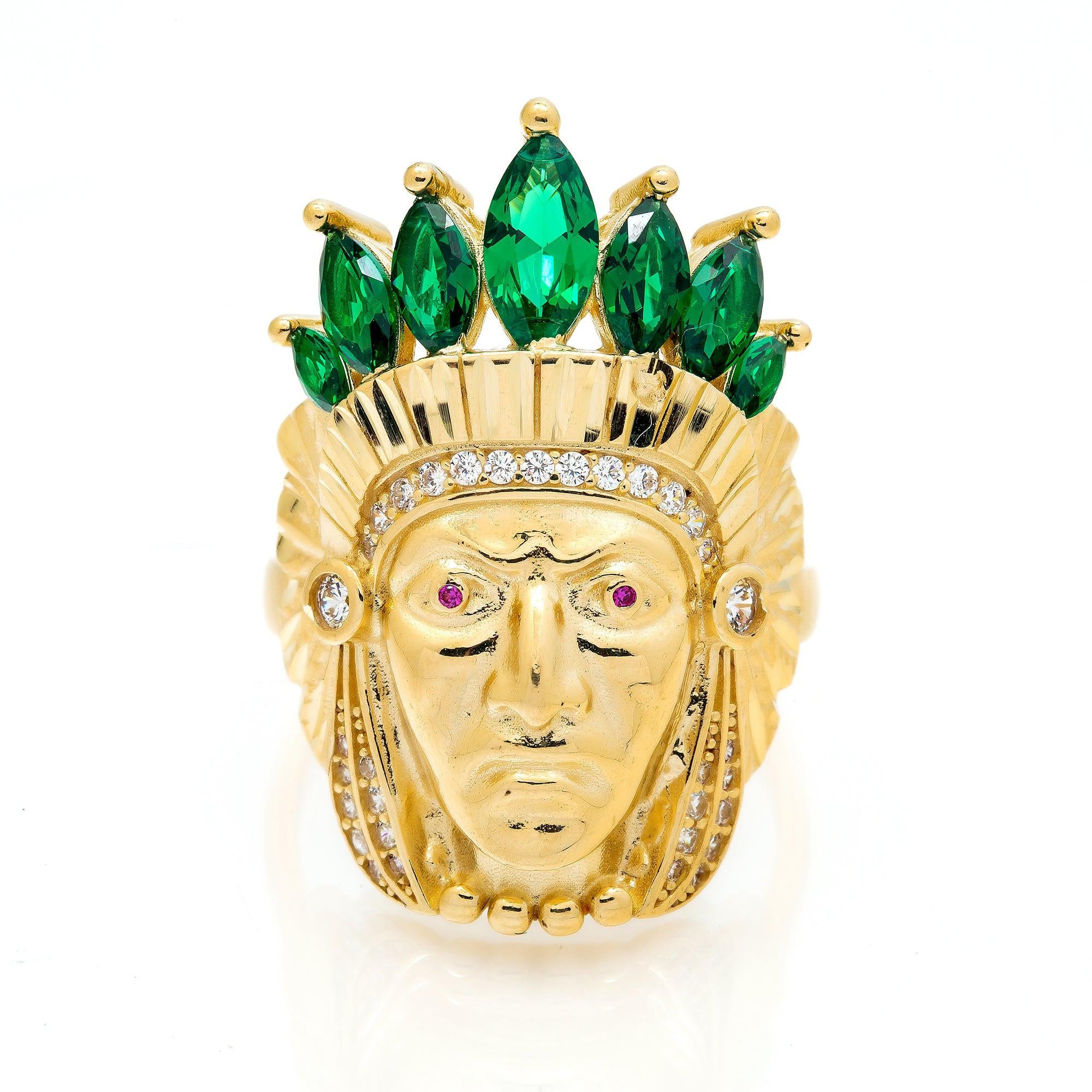 10K Yellow Gold Indian Head Green Gemstone Crown Men's Ring