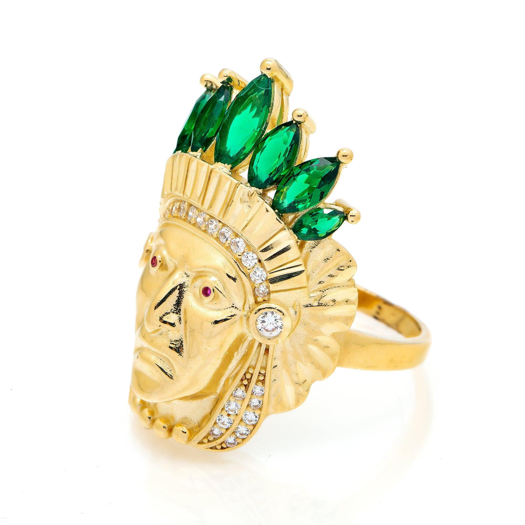 10K Yellow Gold Indian Head Green Gemstone Crown Men's Ring