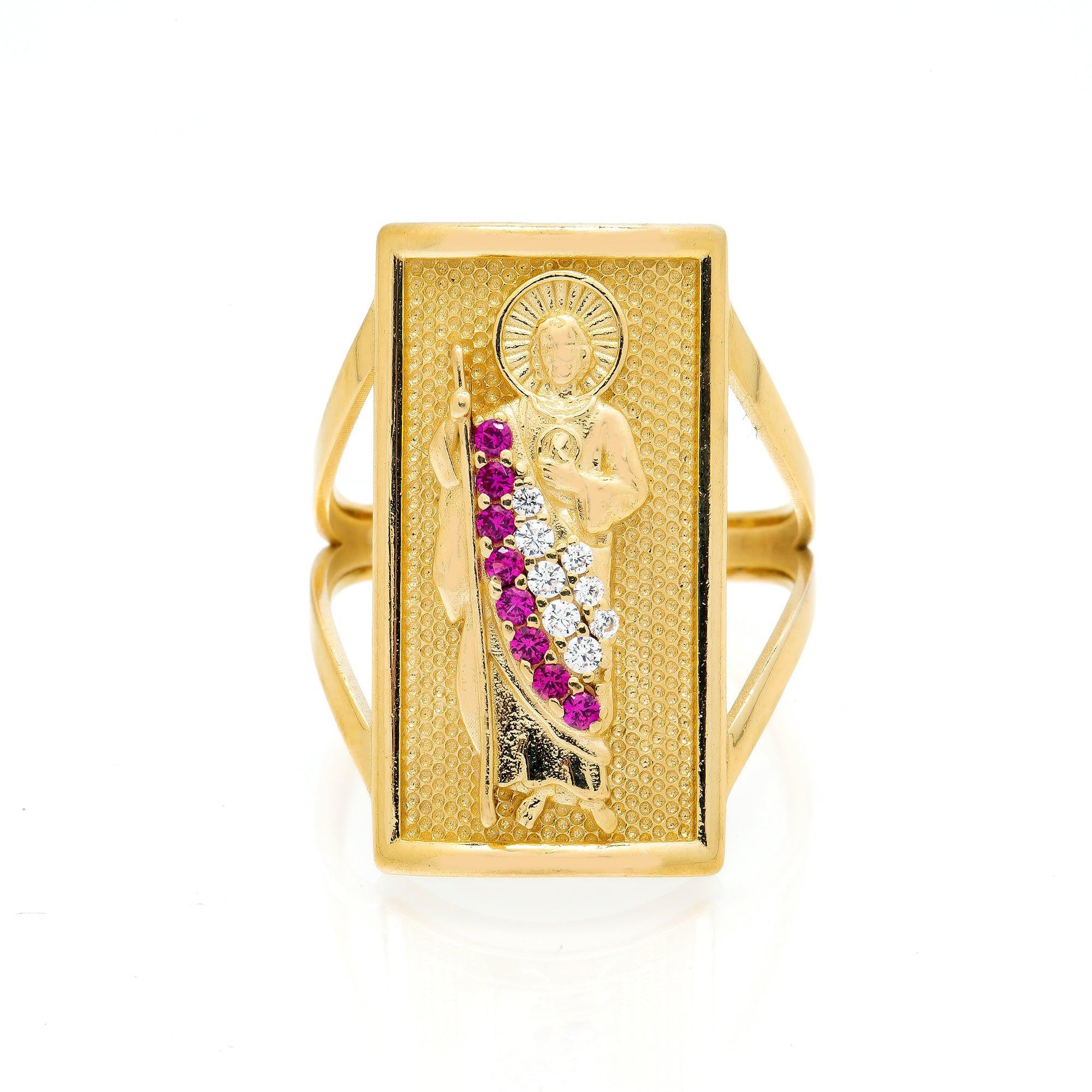 10K Yellow Gold St. Jude Medallion CZ Purple Gemstone Ring