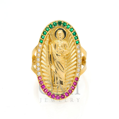 10K Yellow Gold St. Jude With Green and Purple Stones Men's Ring