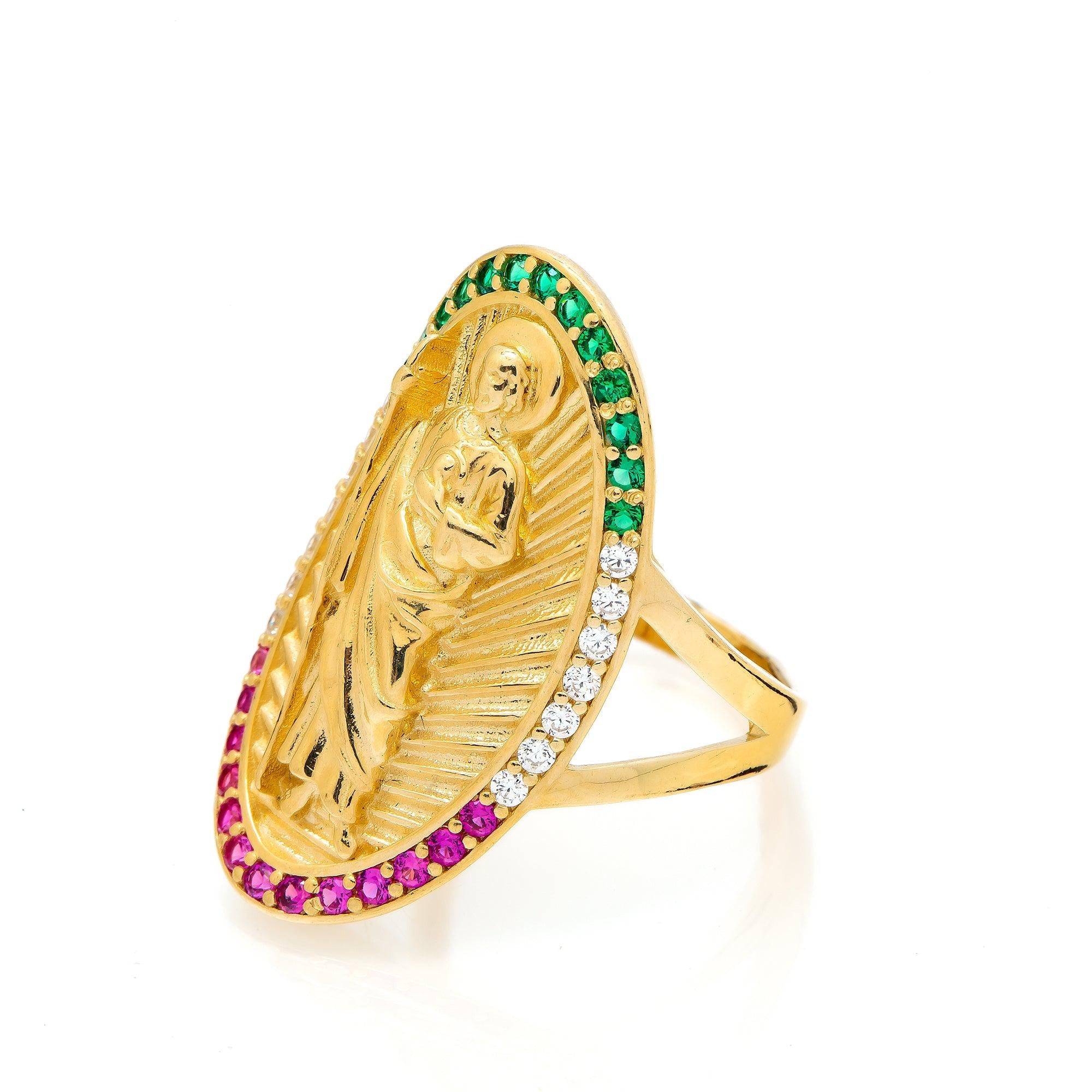 10K Yellow Gold St. Jude With Green and Purple Stones Men's Ring