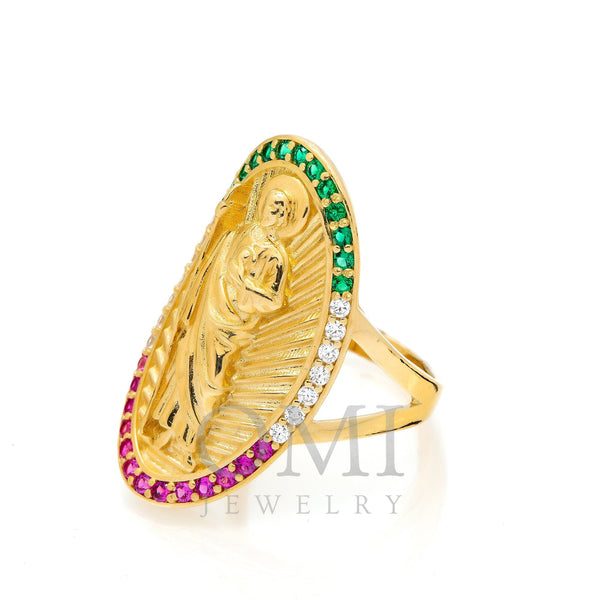 10K Yellow Gold St. Jude With Green and Purple Stones Men's Ring