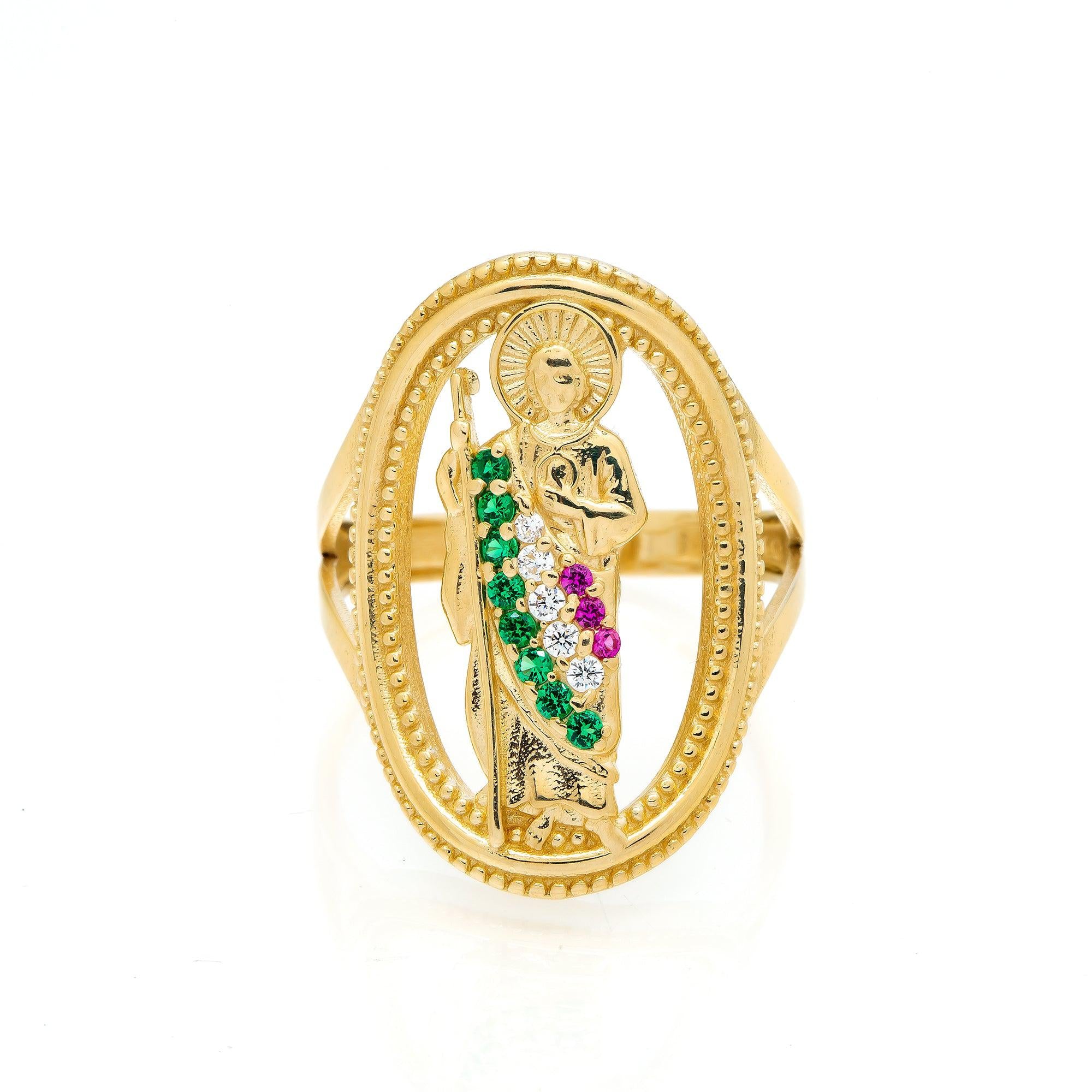 10K Yellow Gold St. Jude Medallion With Green and Purple Stones Men's Ring