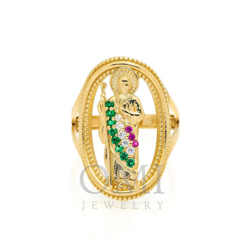 10K Yellow Gold St. Jude Medallion With Green and Purple Stones Men's Ring