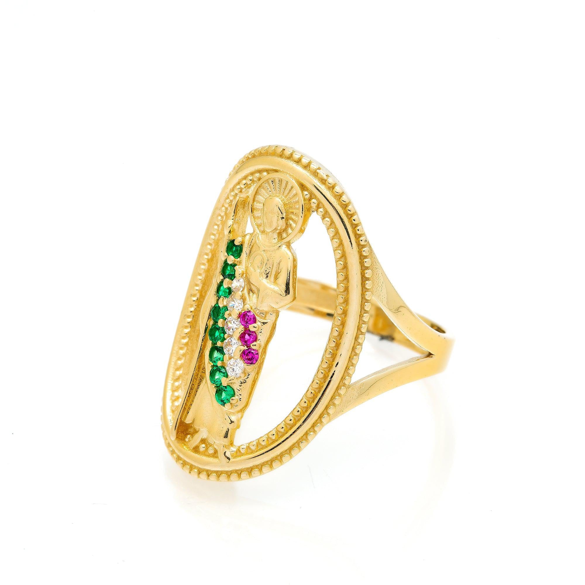 10K Yellow Gold St. Jude Medallion With Green and Purple Stones Men's Ring