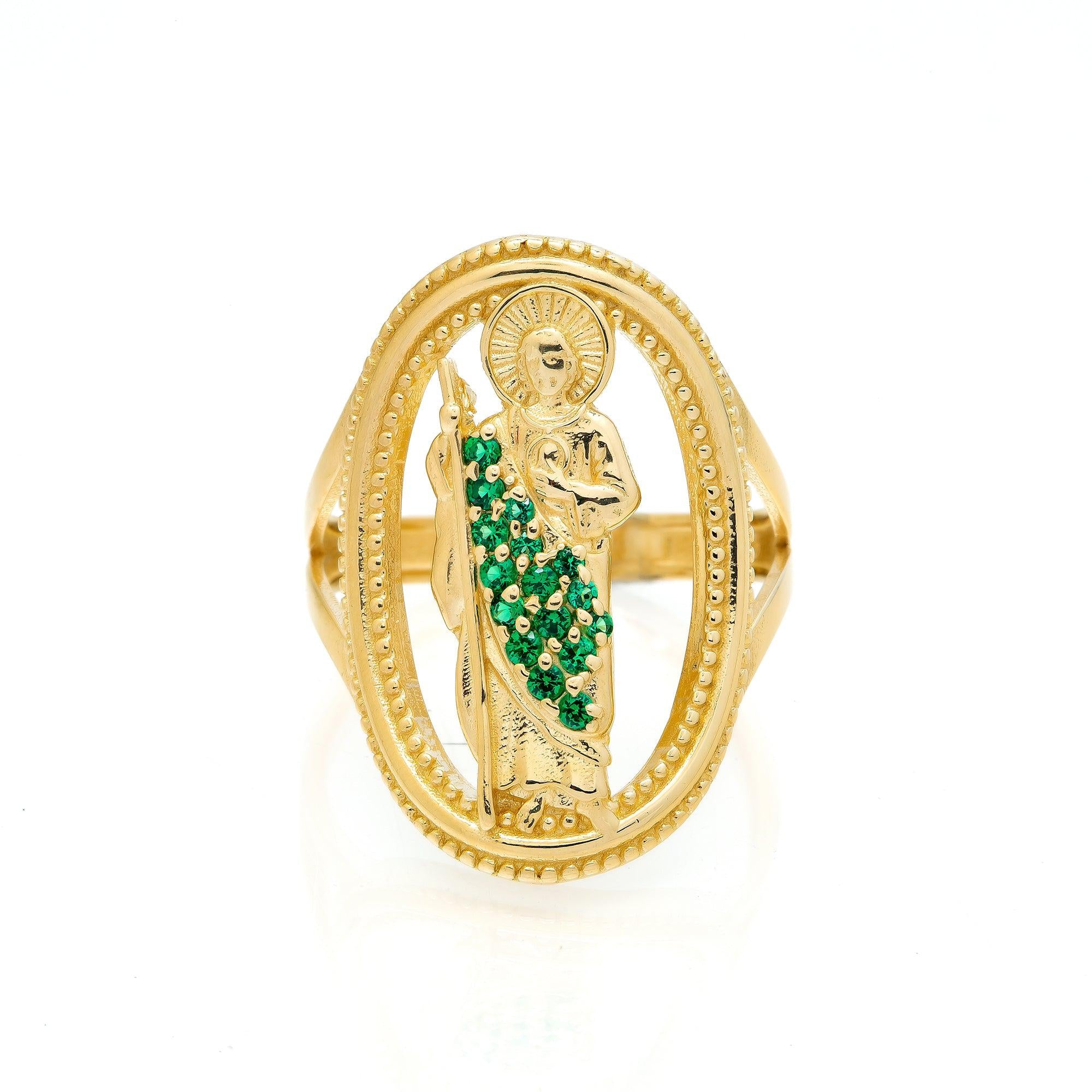10K Yellow Gold St. Jude Medallion Green Stones Gemstone Ring