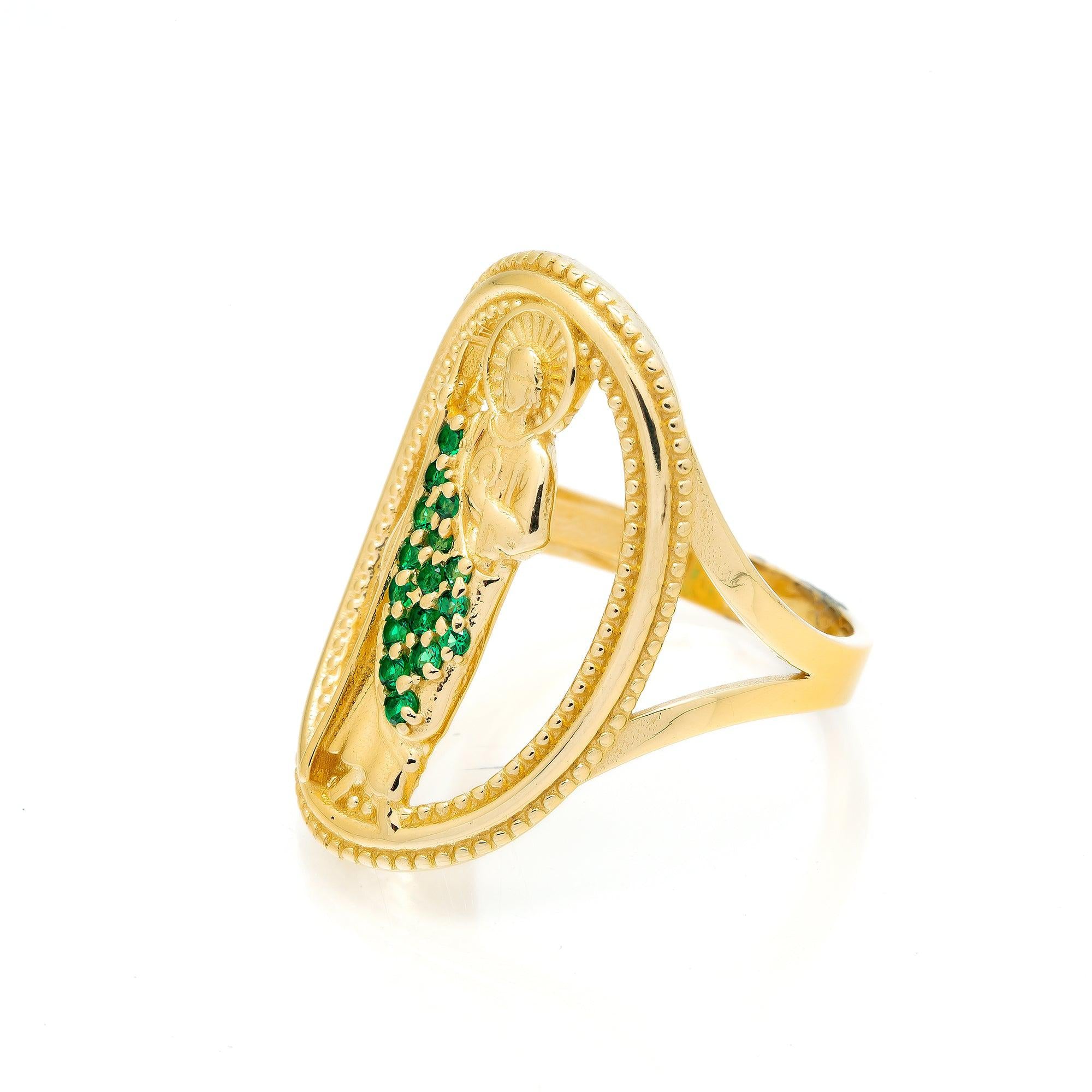 10K Yellow Gold St. Jude Medallion Green Stones Gemstone Ring