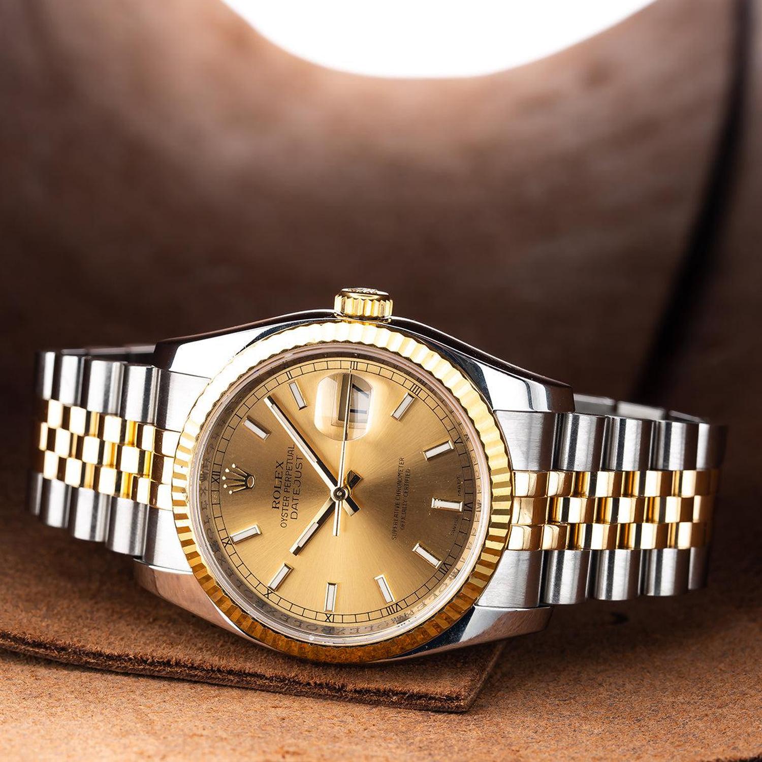 Rolex Datejust 36MM 116233 Champagne Dial Fluted Bezel Two Tone Yellow Gold Jubilee Bracelet