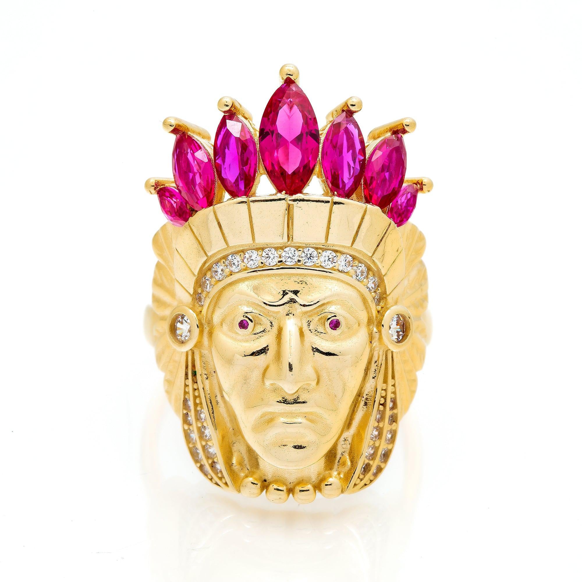 10K Yellow Gold Indian Head With Purple Stones Crown Men's Ring