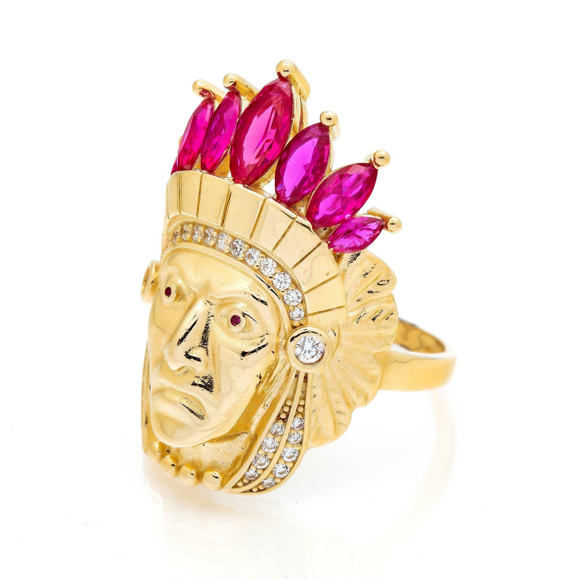 10K Yellow Gold Indian Head With Purple Stones Crown Men's Ring