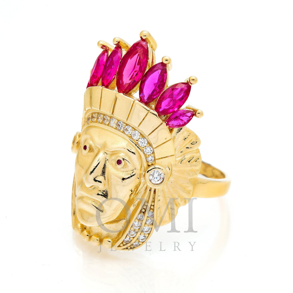 10K Yellow Gold Indian Head With Purple Stones Crown Men's Ring