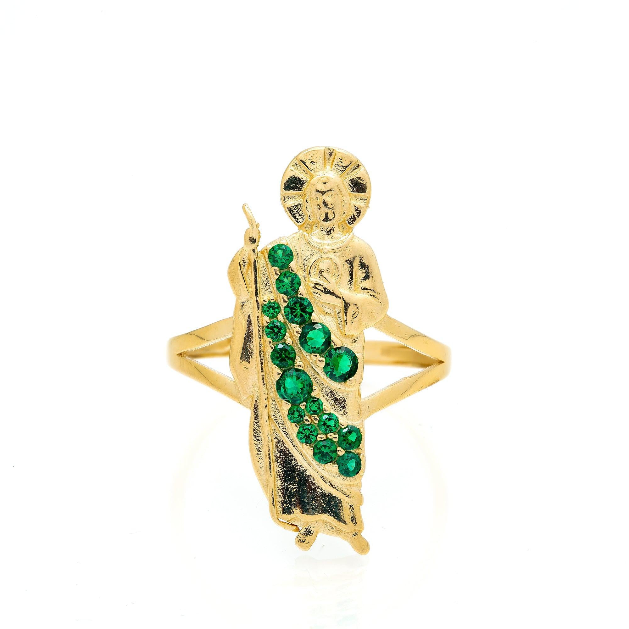 10K Yellow Gold St. Jude With CZ Green Stones Men's Ring