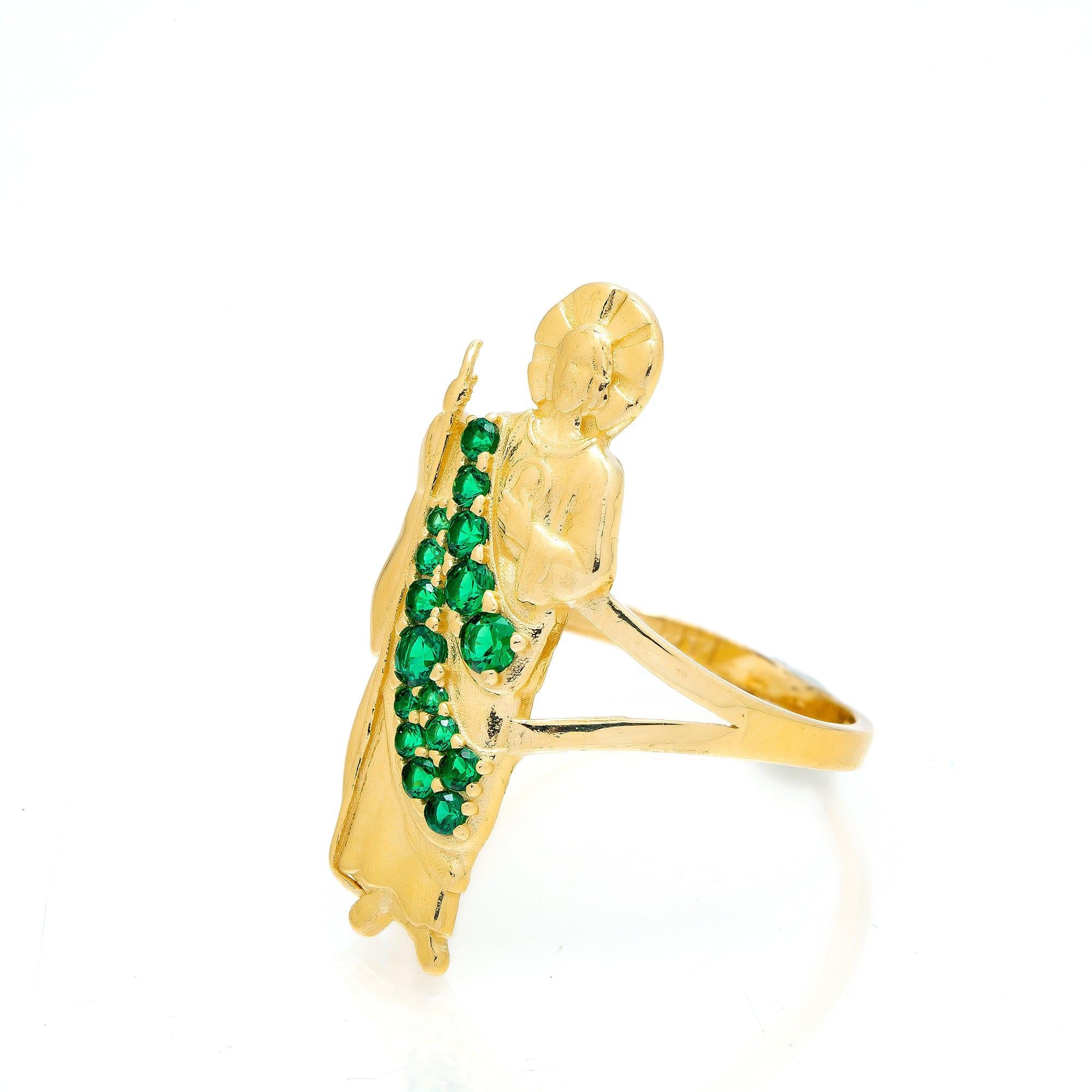 10K Yellow Gold St. Jude With CZ Green Stones Men's Ring