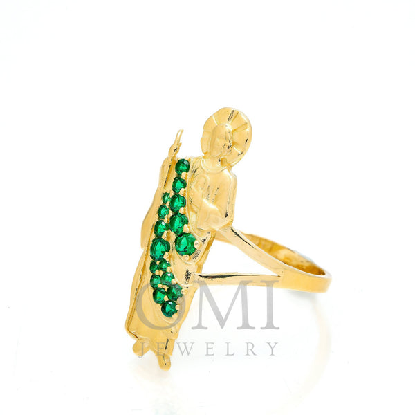 10K Yellow Gold St. Jude With CZ Green Stones Men's Ring