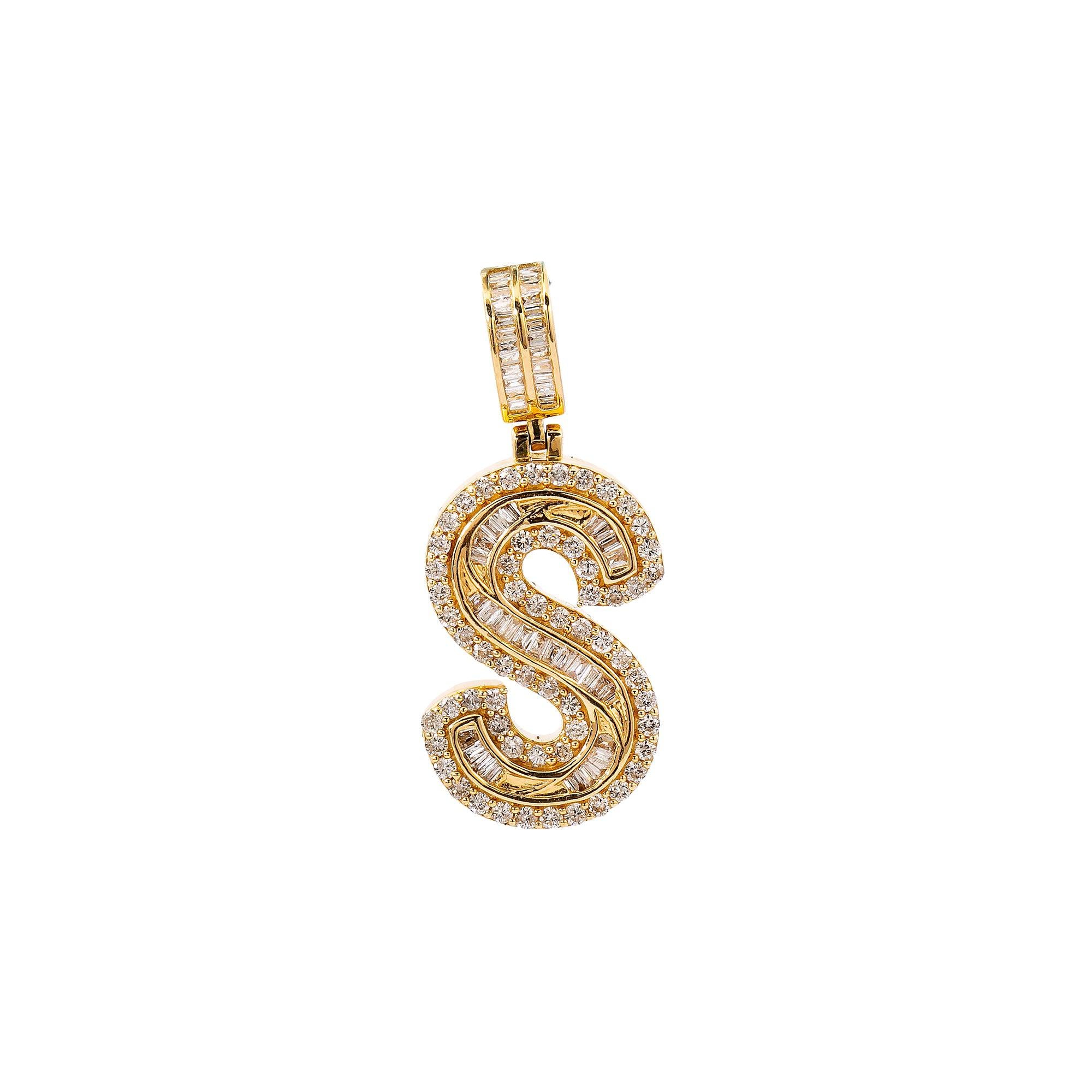 14K GOLD BAGUETTE AND ROUND DIAMOND INITIAL LETTER S PENDANT